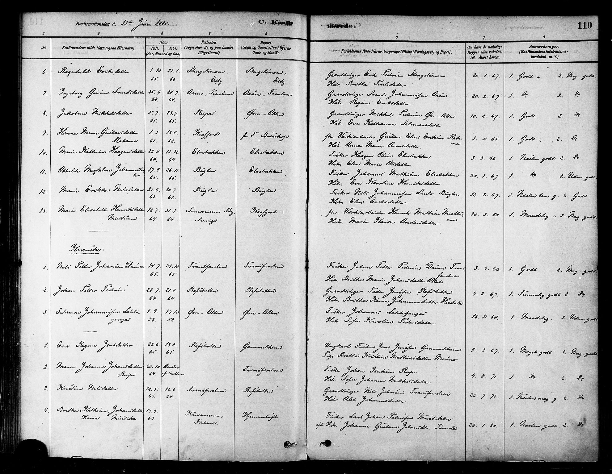 Alta sokneprestkontor, SATØ/S-1338/H/Ha/L0002.kirke: Parish register (official) no. 2, 1879-1892, p. 119