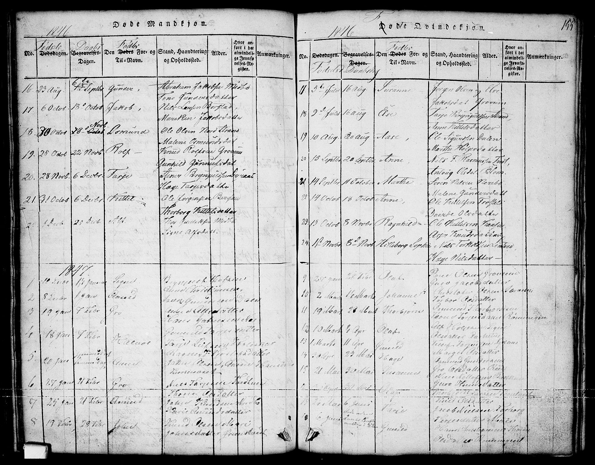 Nissedal kirkebøker, SAKO/A-288/G/Ga/L0001: Parish register (copy) no. I 1, 1814-1860, p. 155