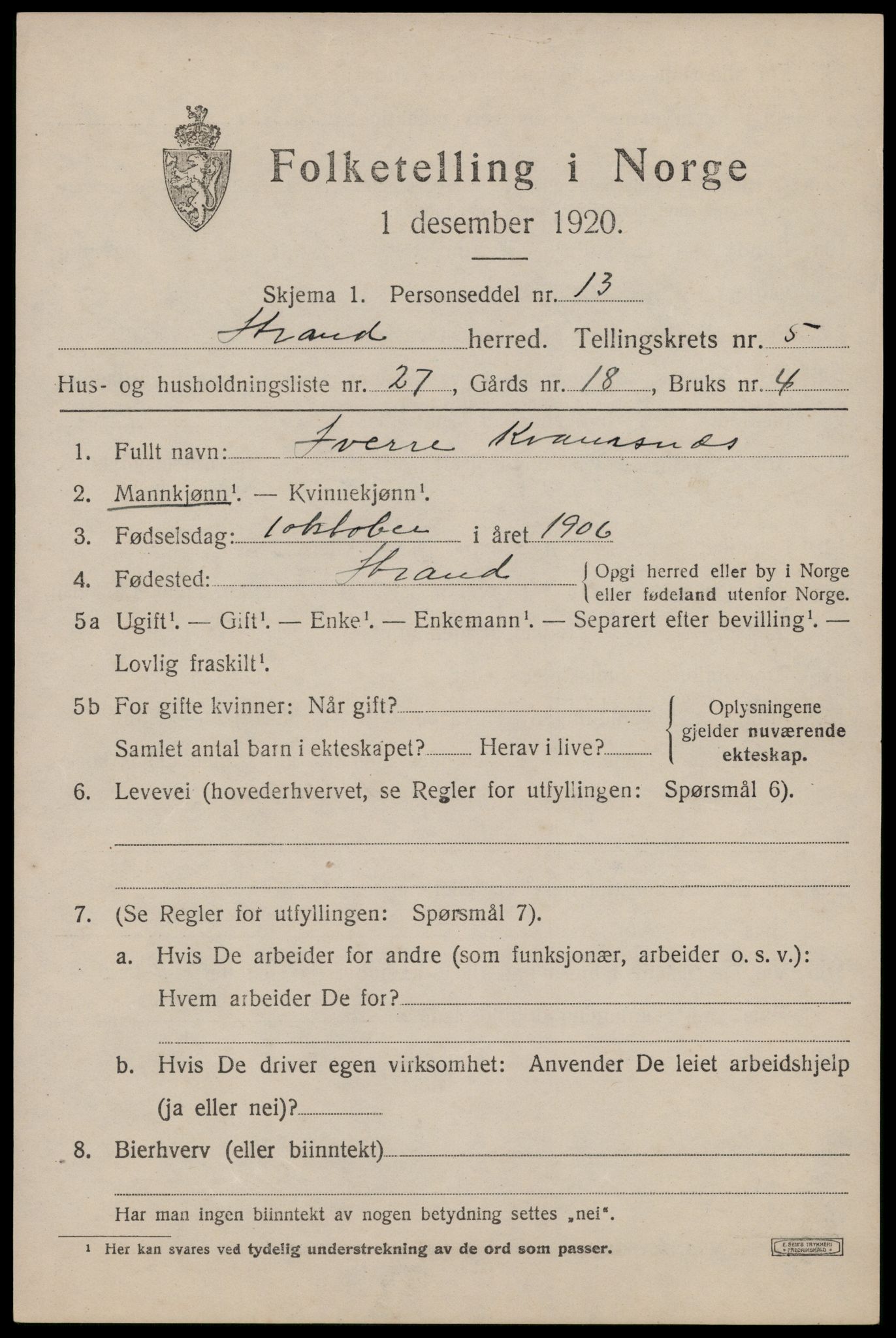 SAST, 1920 census for Strand, 1920, p. 3994