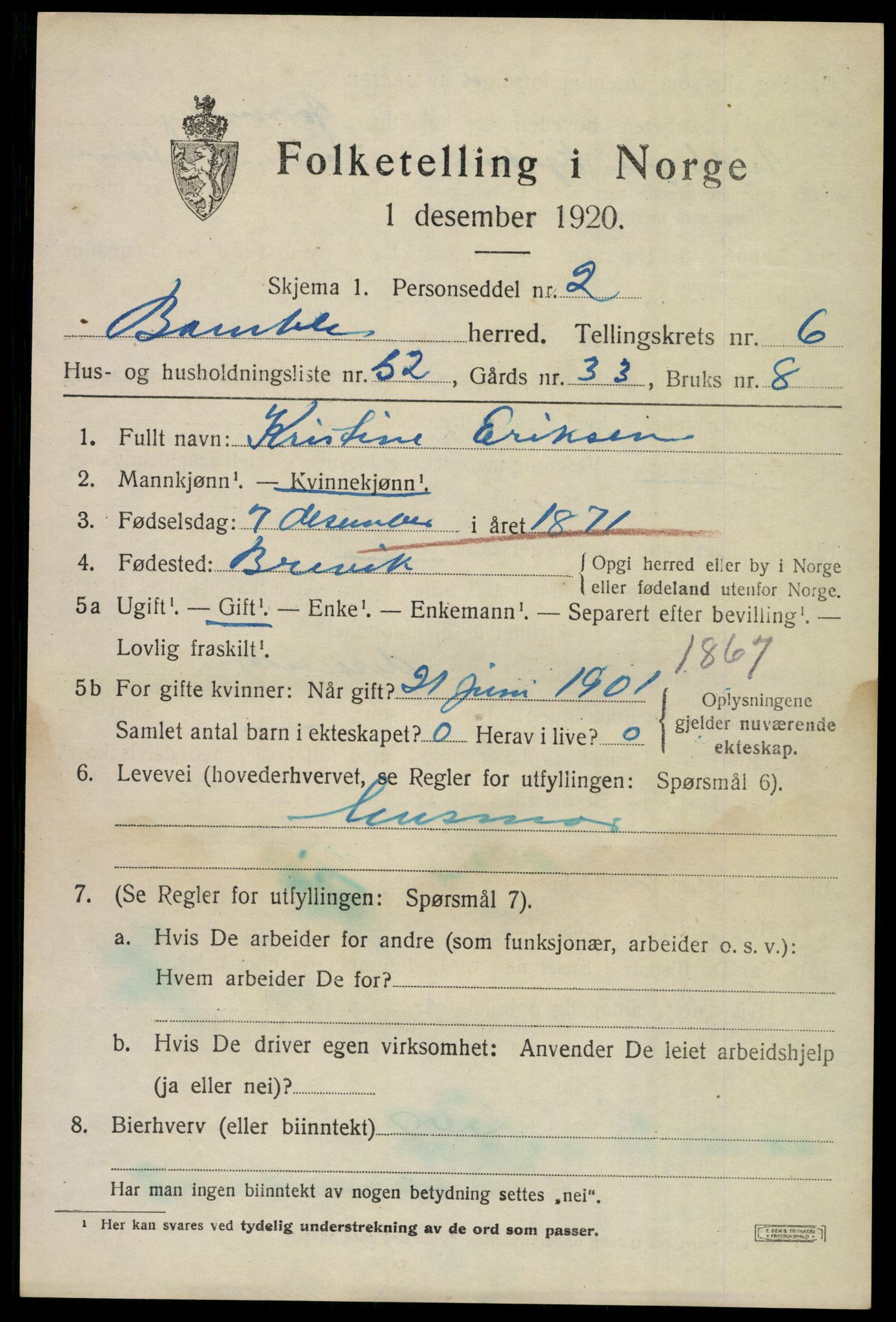 SAKO, 1920 census for Bamble, 1920, p. 6429
