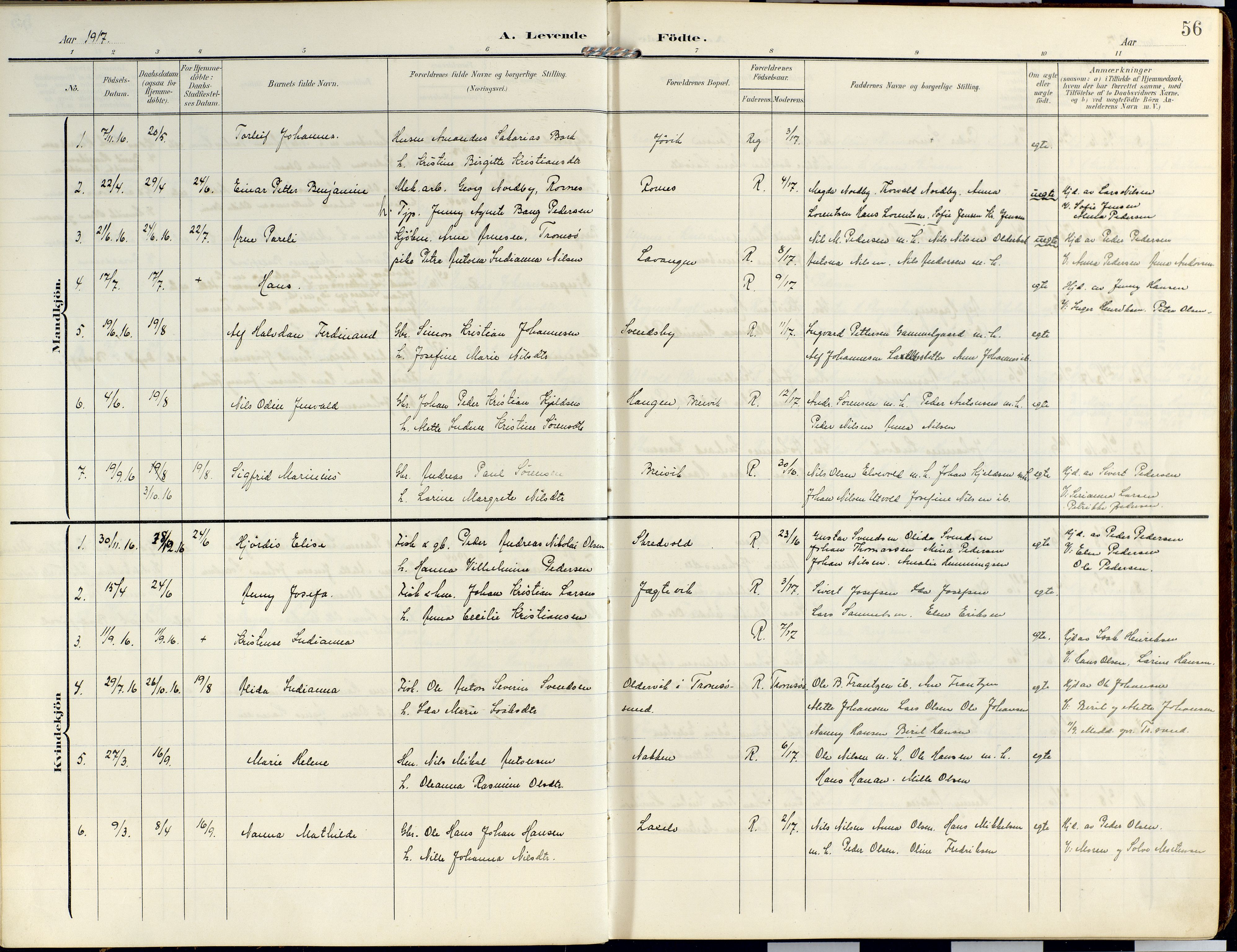 Lyngen sokneprestembete, SATØ/S-1289/H/He/Hea/L0014kirke: Parish register (official) no. 14, 1905-1920, p. 56