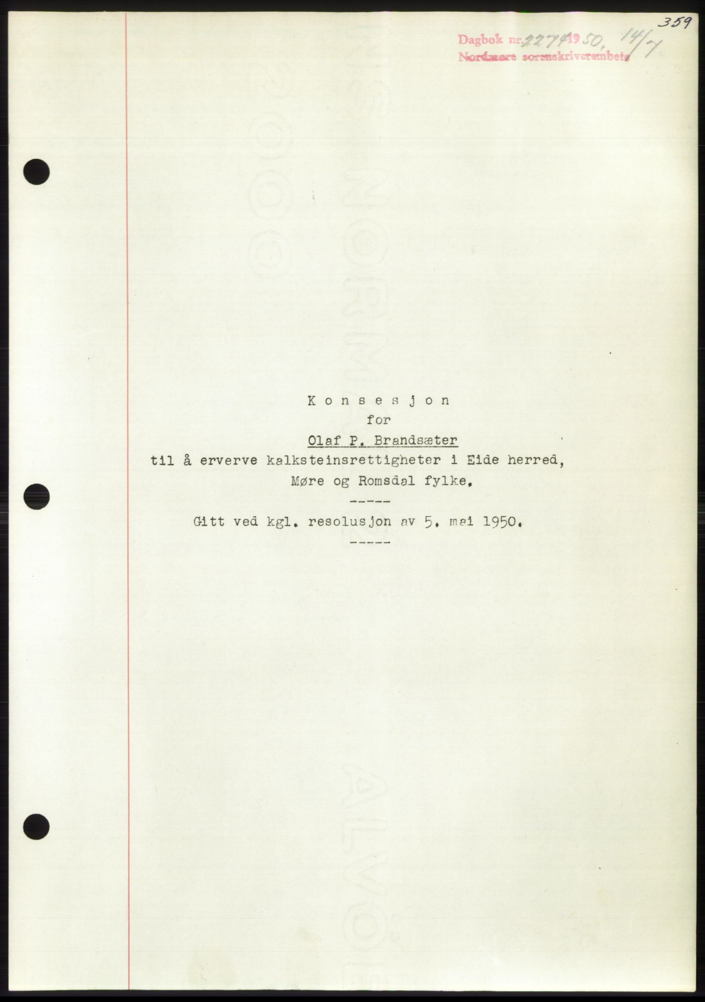 Nordmøre sorenskriveri, AV/SAT-A-4132/1/2/2Ca: Mortgage book no. B105, 1950-1950, Diary no: : 2274/1950