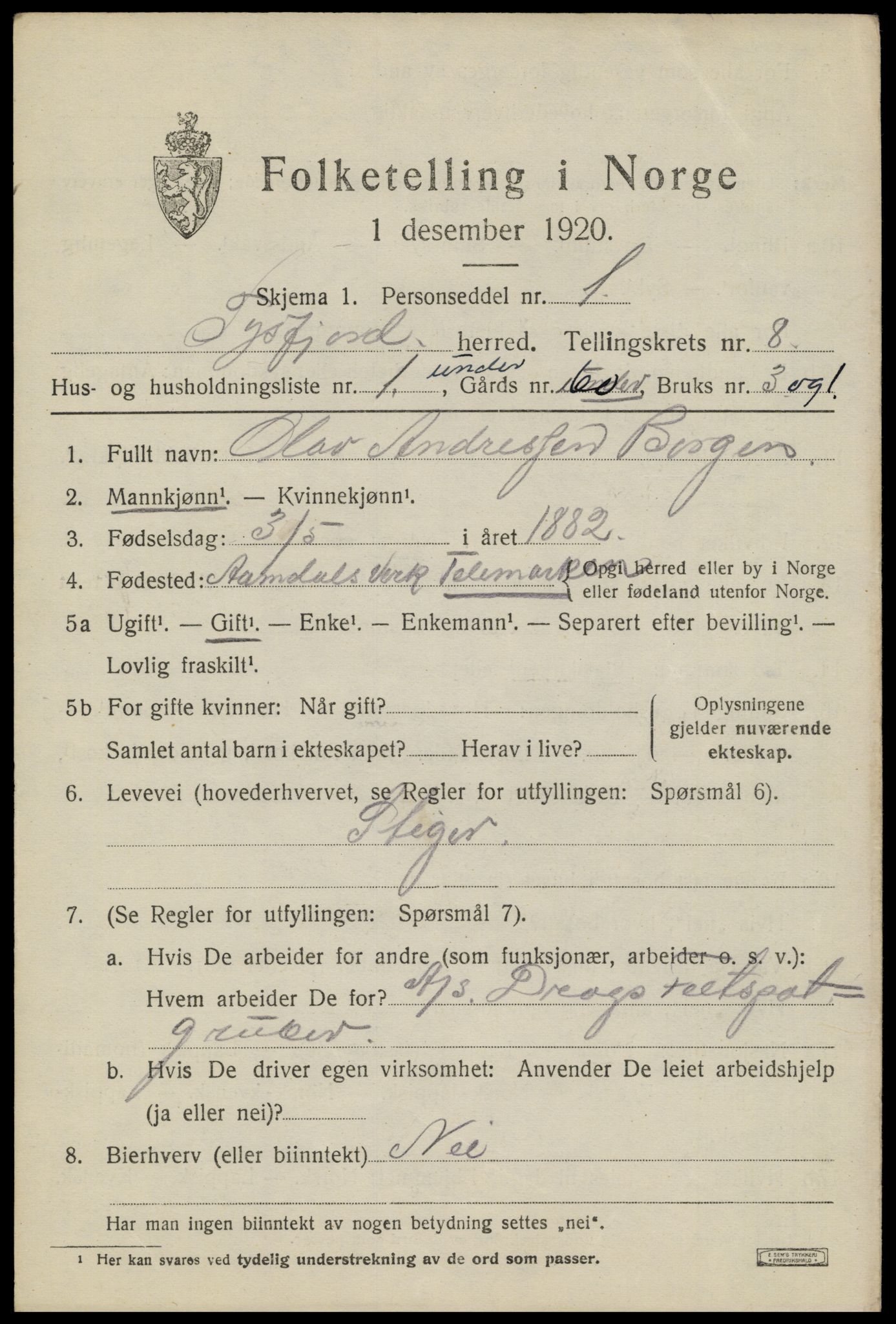 SAT, 1920 census for Tysfjord, 1920, p. 5861