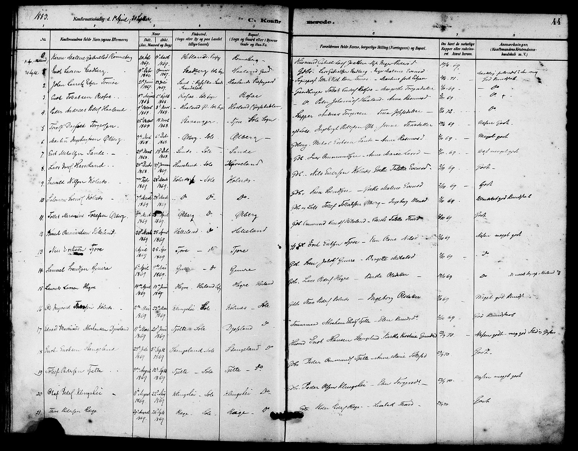 Håland sokneprestkontor, SAST/A-101802/001/30BA/L0010: Parish register (official) no. A 9, 1883-1888, p. 44