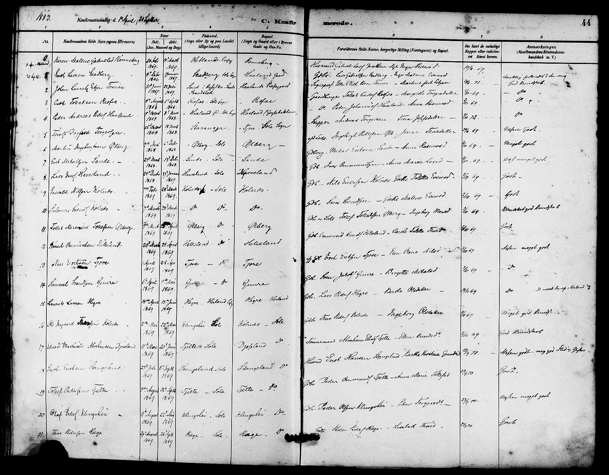 Håland sokneprestkontor, AV/SAST-A-101802/001/30BA/L0010: Parish register (official) no. A 9, 1883-1888, p. 44