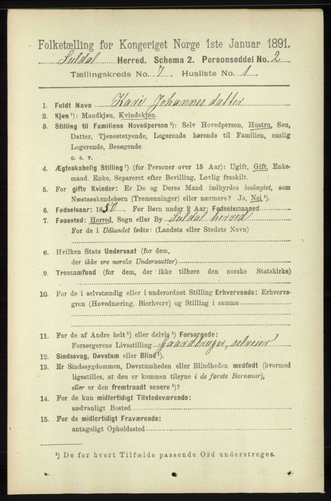 RA, 1891 census for 1134 Suldal, 1891, p. 1984