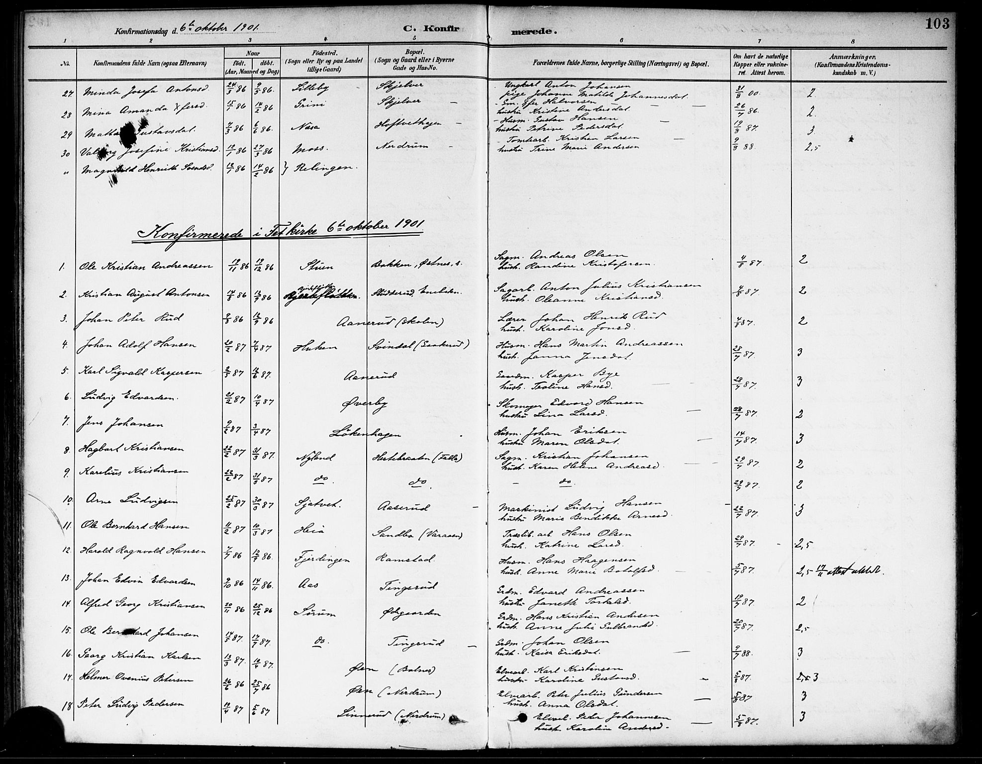 Fet prestekontor Kirkebøker, SAO/A-10370a/F/Fa/L0015: Parish register (official) no. I 15, 1892-1904, p. 103
