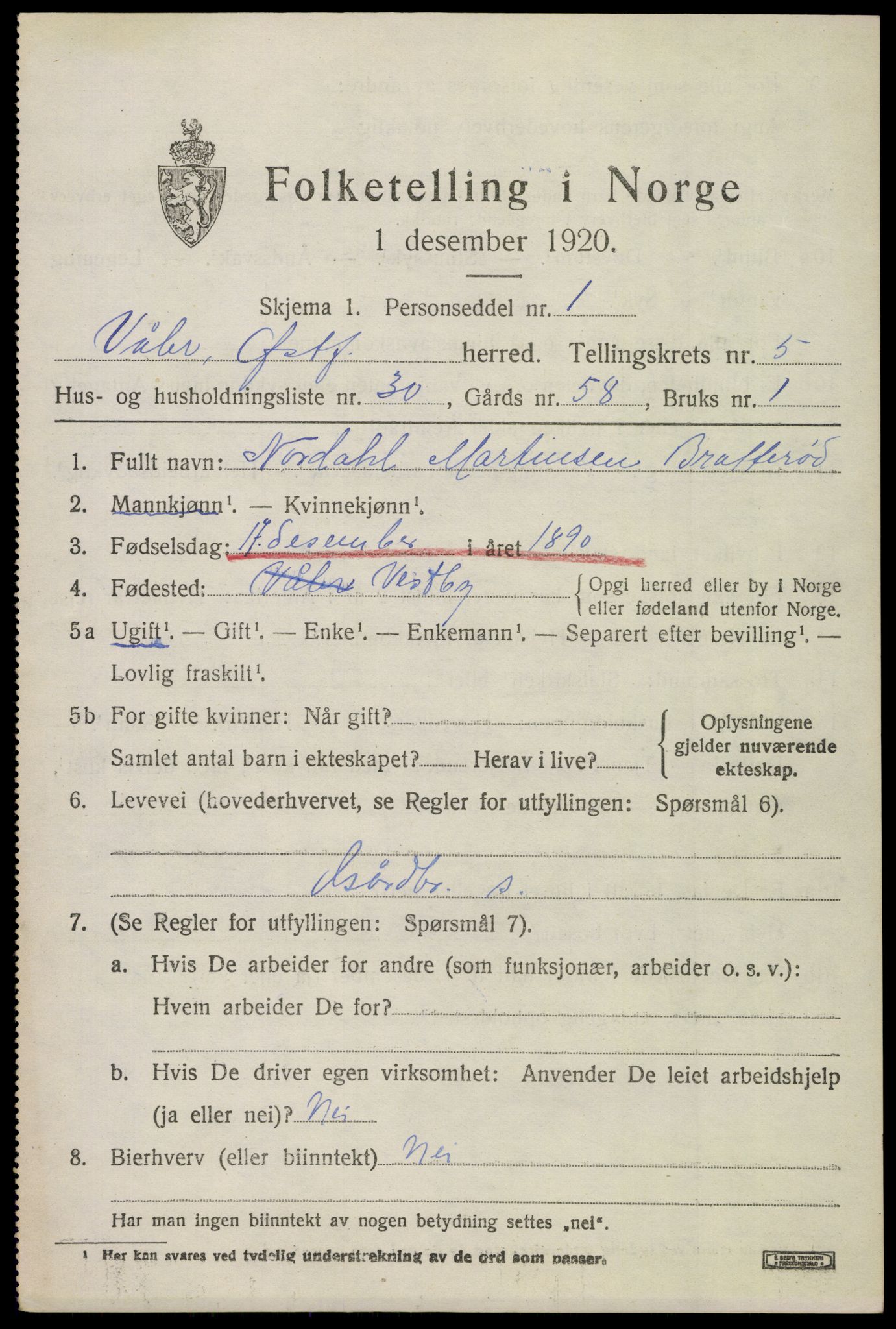 SAO, 1920 census for Våler, 1920, p. 2978