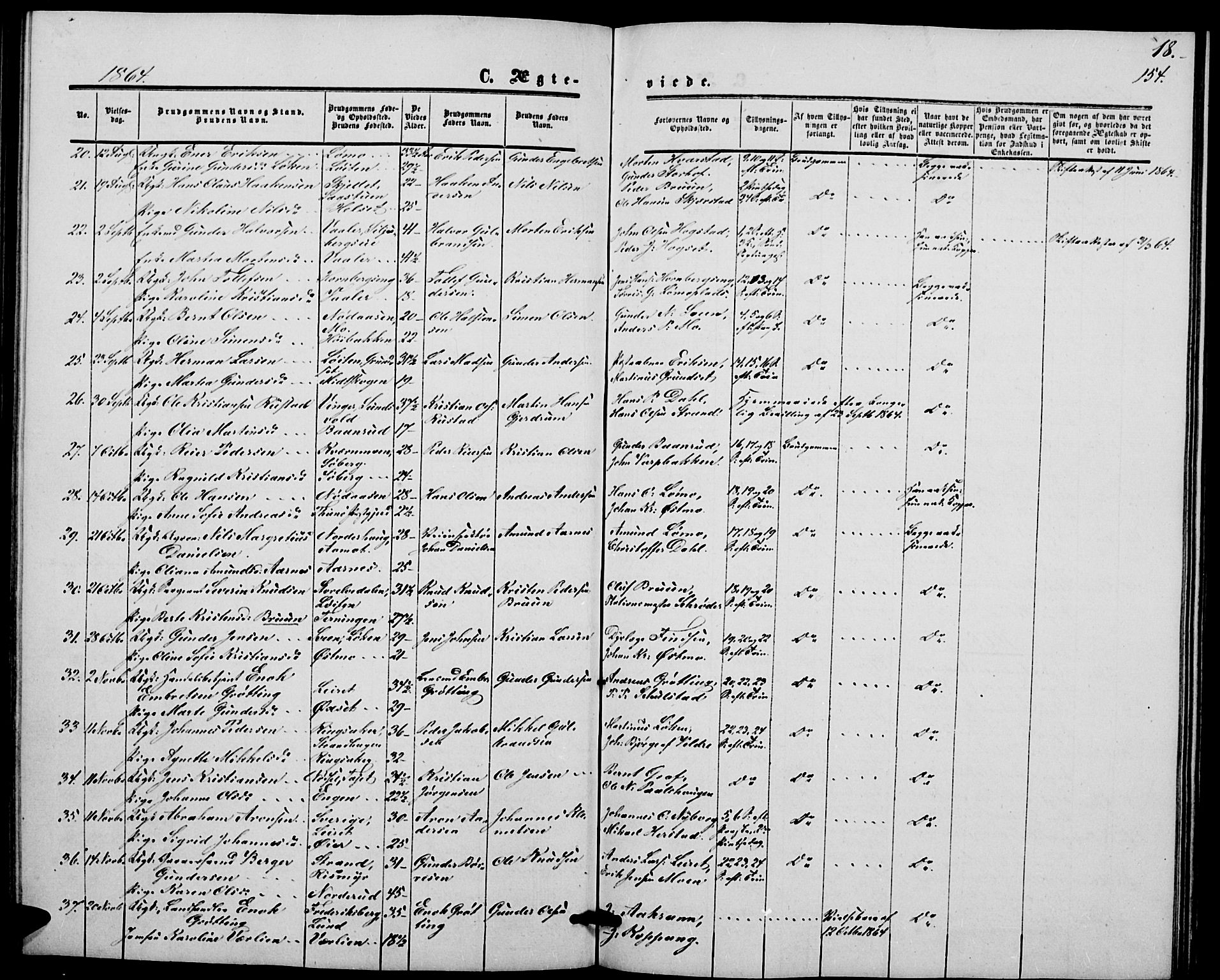 Elverum prestekontor, AV/SAH-PREST-044/H/Ha/Hab/L0003: Parish register (copy) no. 3, 1856-1865, p. 154