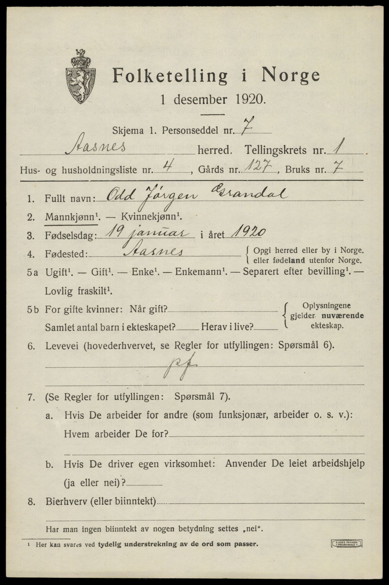 SAH, 1920 census for Åsnes, 1920, p. 2198