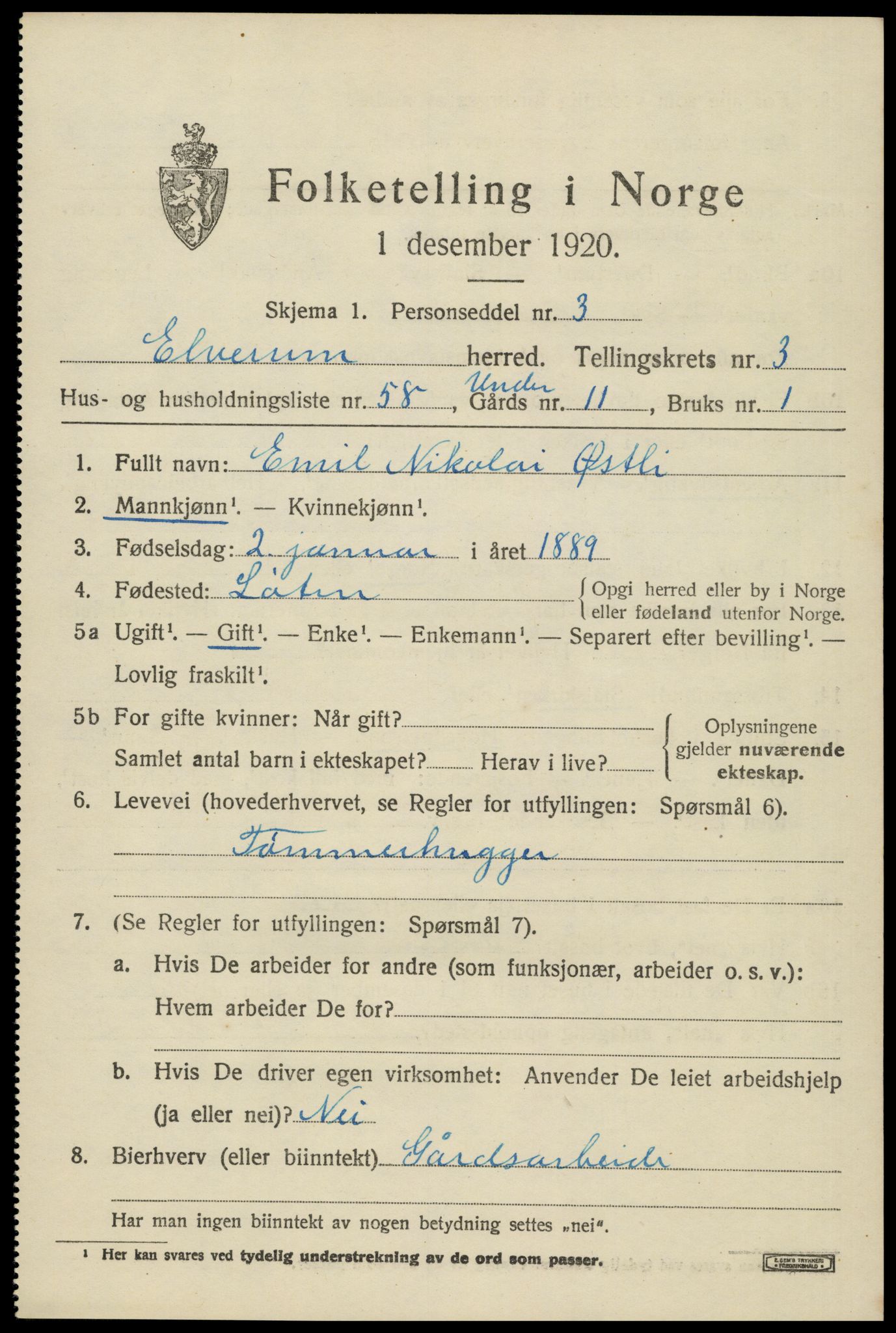 SAH, 1920 census for Elverum, 1920, p. 6640