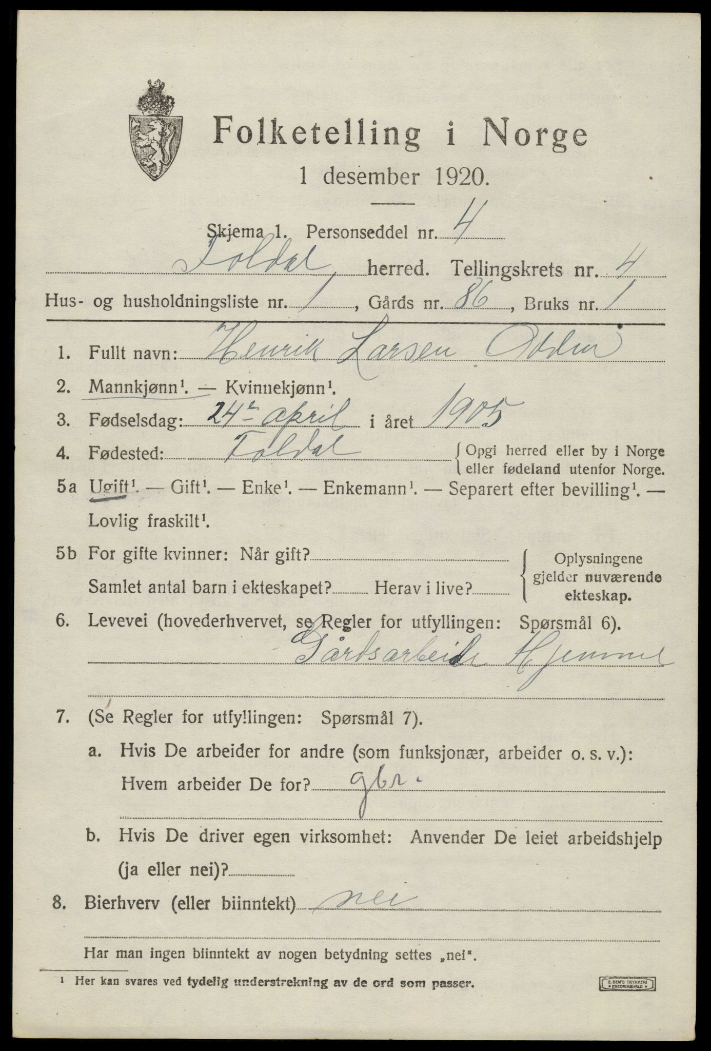 SAH, 1920 census for Folldal, 1920, p. 2083