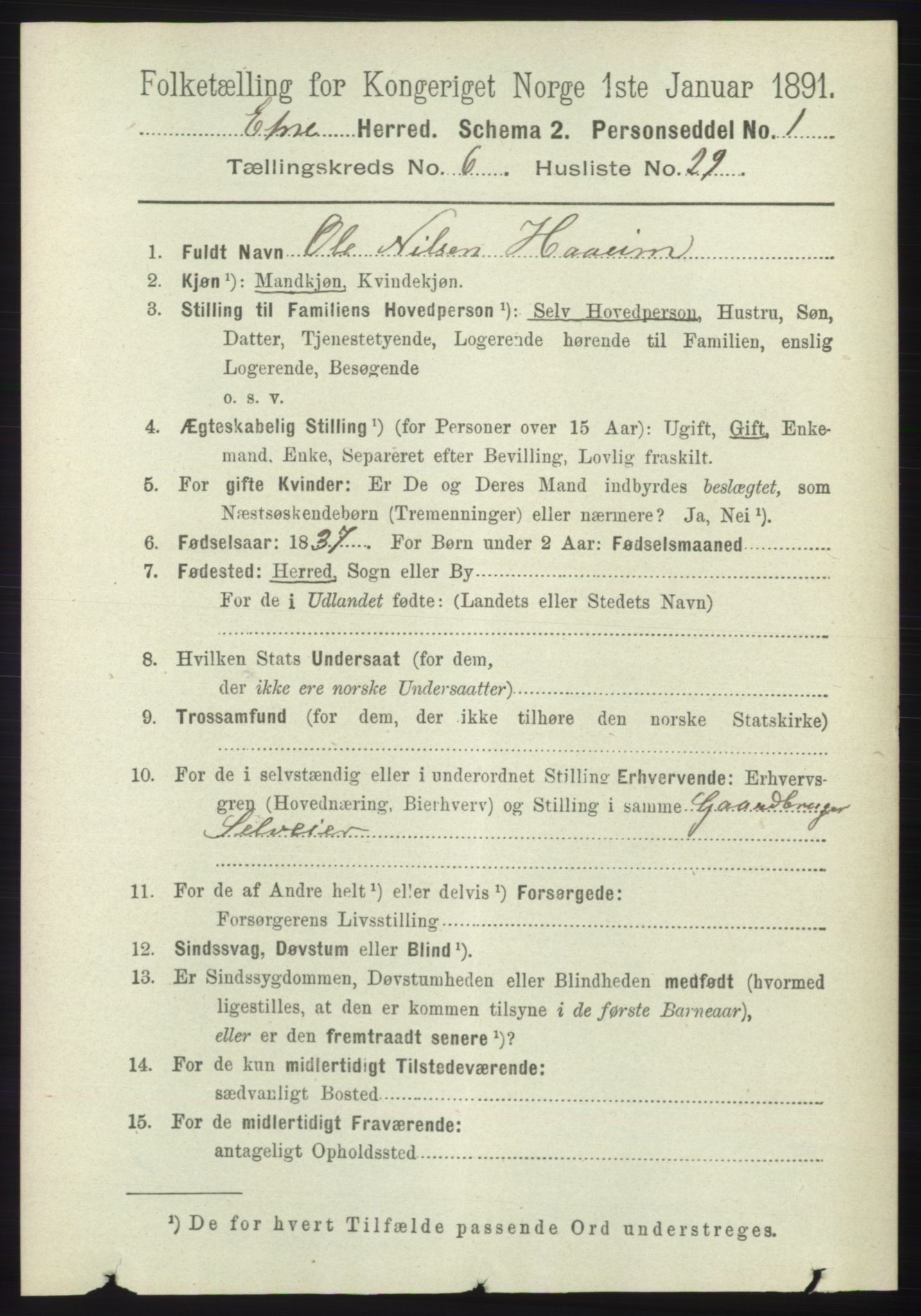 RA, 1891 census for 1211 Etne, 1891, p. 1351