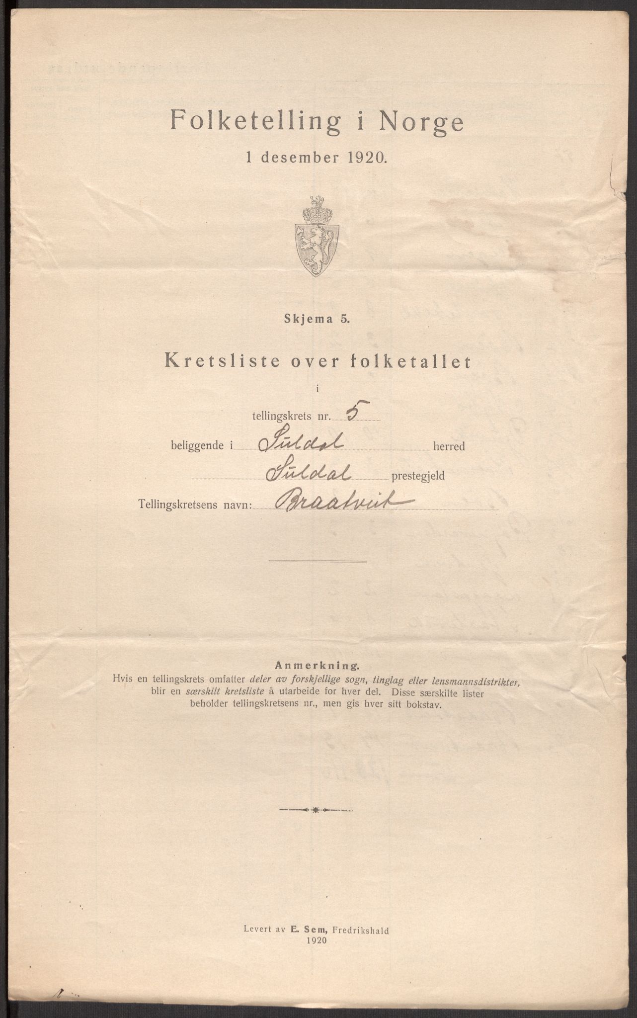 SAST, 1920 census for Suldal, 1920, p. 19