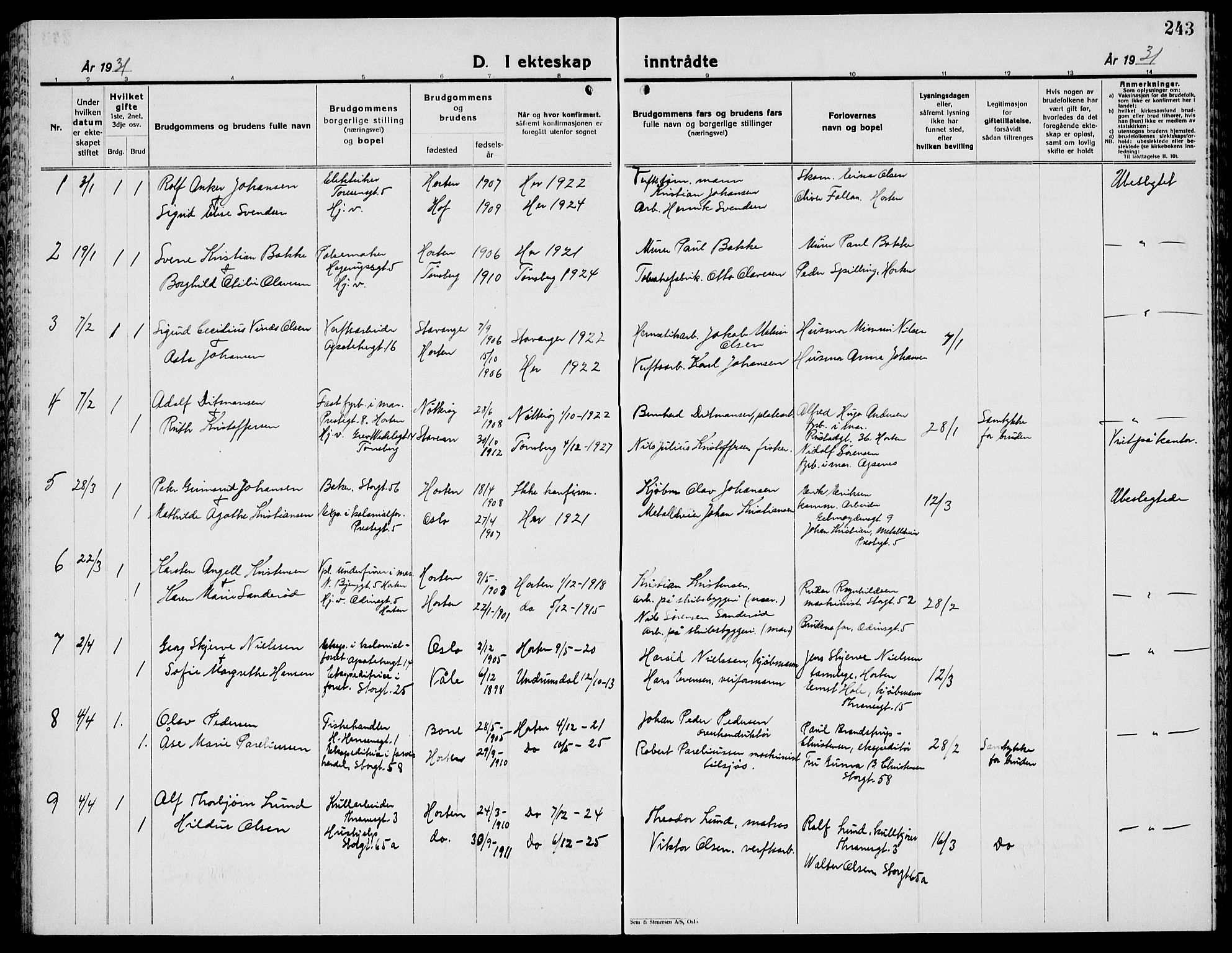 Horten kirkebøker, AV/SAKO-A-348/G/Ga/L0009: Parish register (copy) no. 9, 1926-1936, p. 243