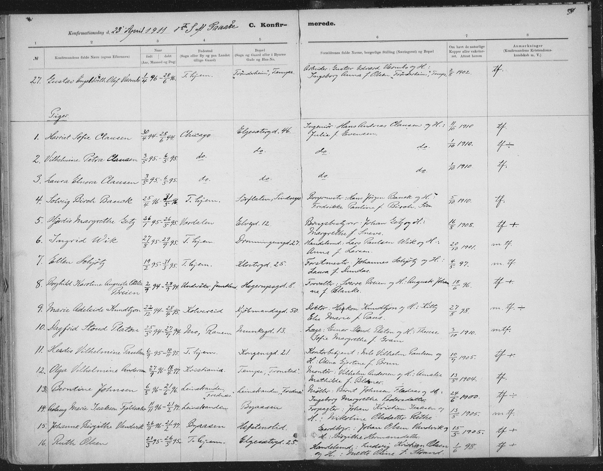 Ministerialprotokoller, klokkerbøker og fødselsregistre - Sør-Trøndelag, SAT/A-1456/601/L0062: Parish register (official) no. 601A30, 1891-1911, p. 381