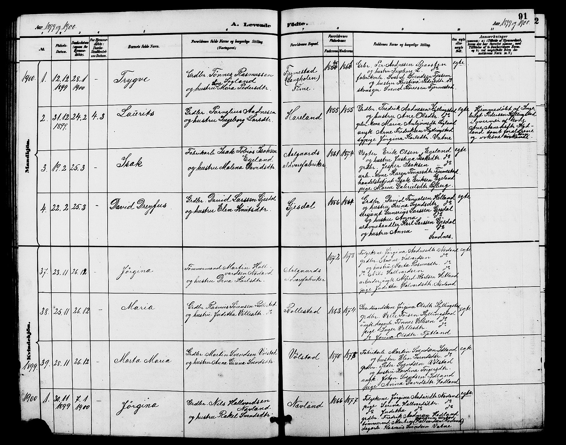 Lye sokneprestkontor, SAST/A-101794/001/30BB/L0008: Parish register (copy) no. B 7, 1887-1901, p. 91