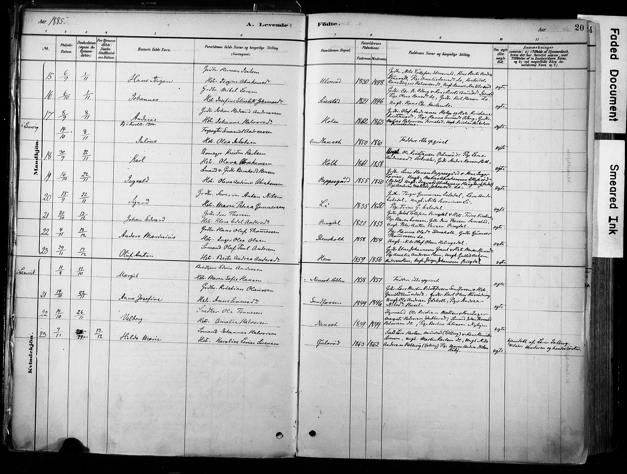 Hedrum kirkebøker, AV/SAKO-A-344/F/Fa/L0009: Parish register (official) no. I 9, 1881-1903, p. 20