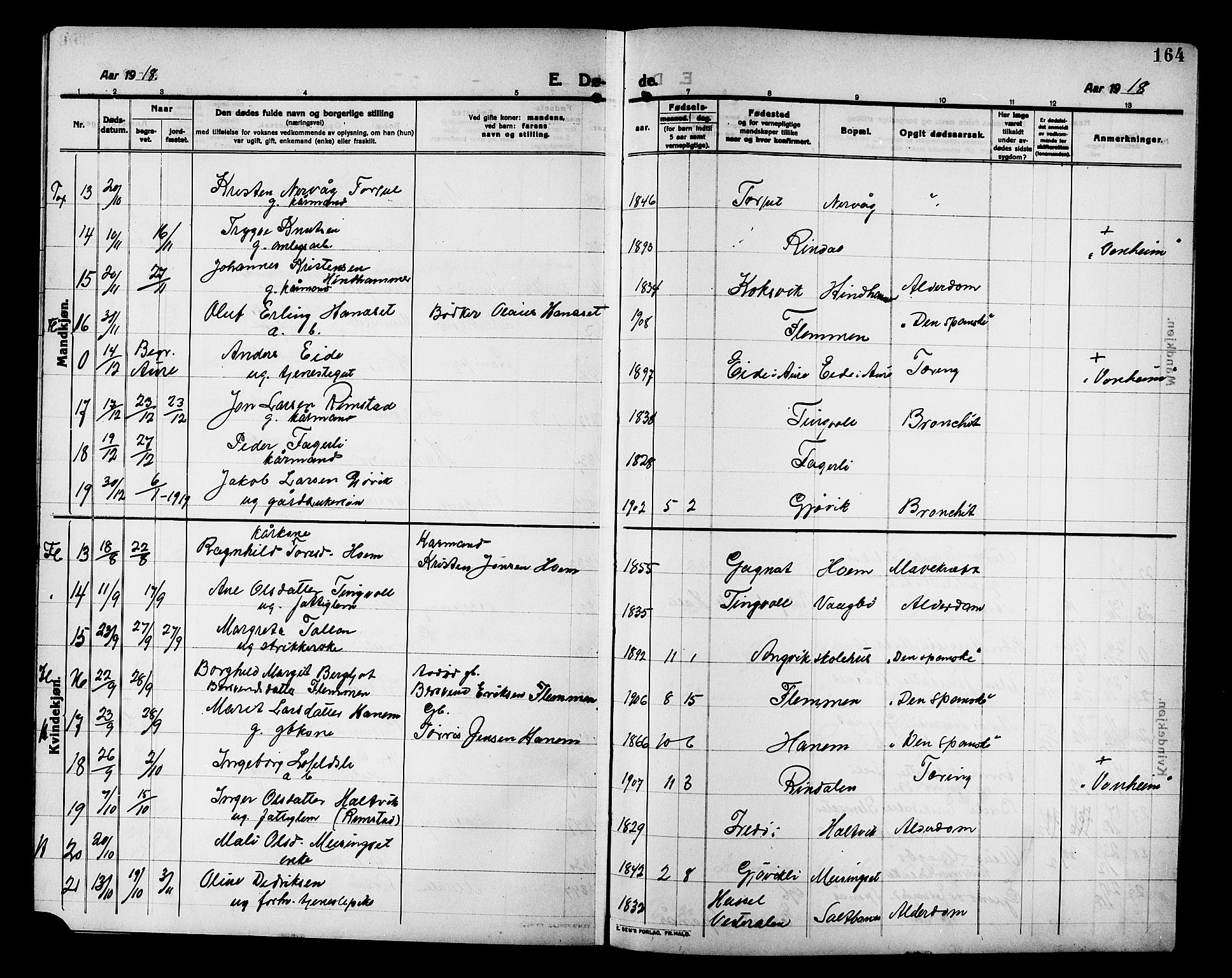 Ministerialprotokoller, klokkerbøker og fødselsregistre - Møre og Romsdal, AV/SAT-A-1454/586/L0993: Parish register (copy) no. 586C04, 1910-1918, p. 164