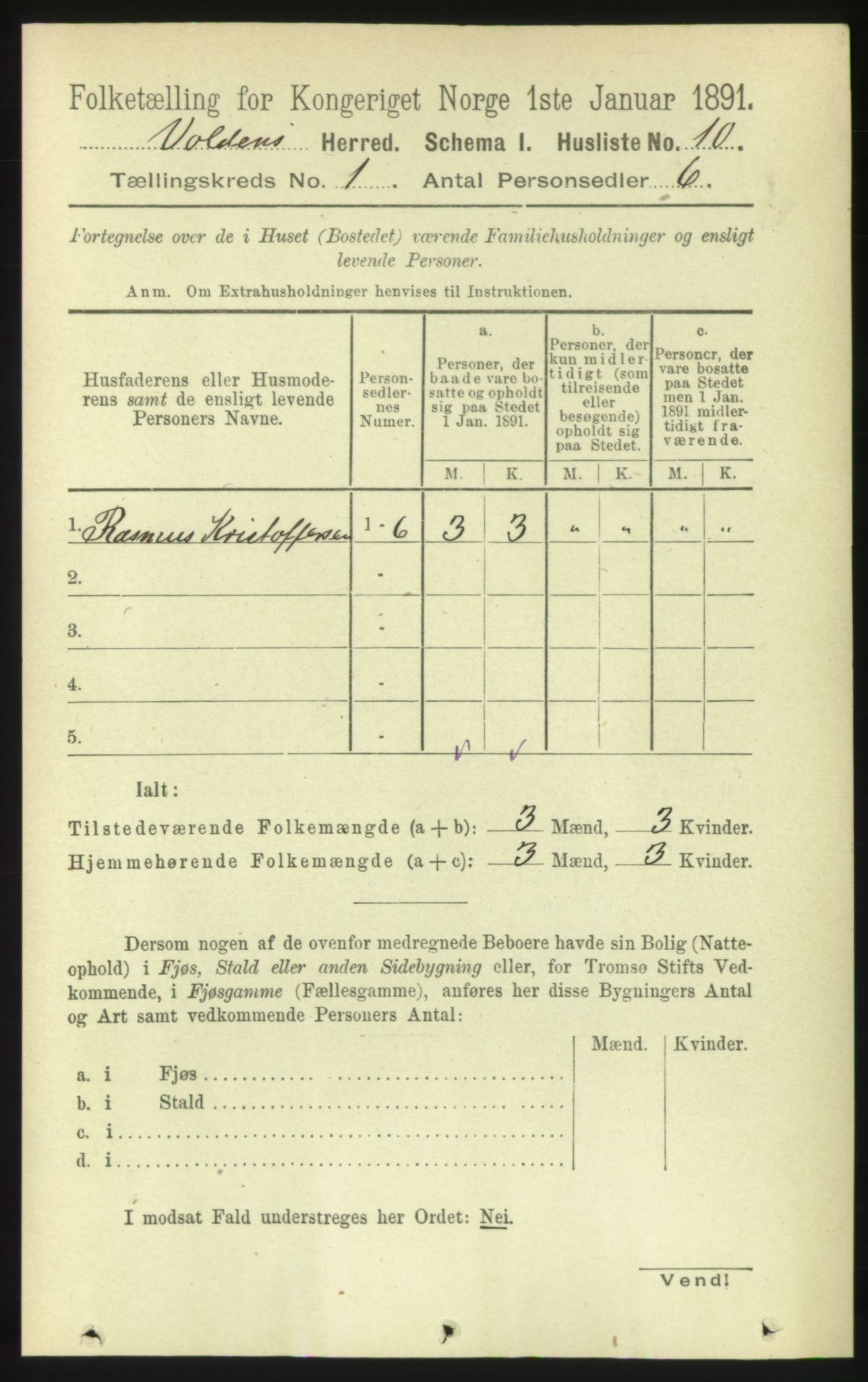 RA, 1891 census for 1519 Volda, 1891, p. 36