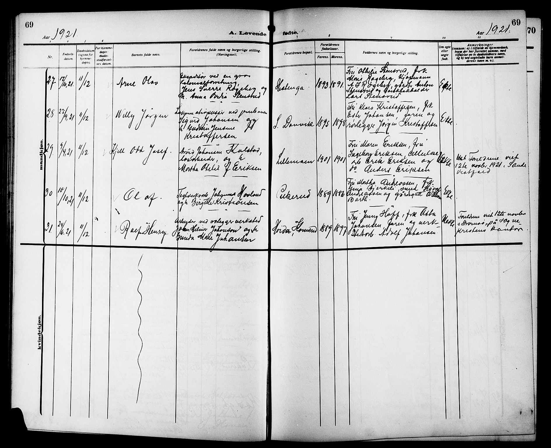 Strømsgodset kirkebøker, AV/SAKO-A-324/G/Ga/L0003: Parish register (copy) no. 3, 1911-1926, p. 69