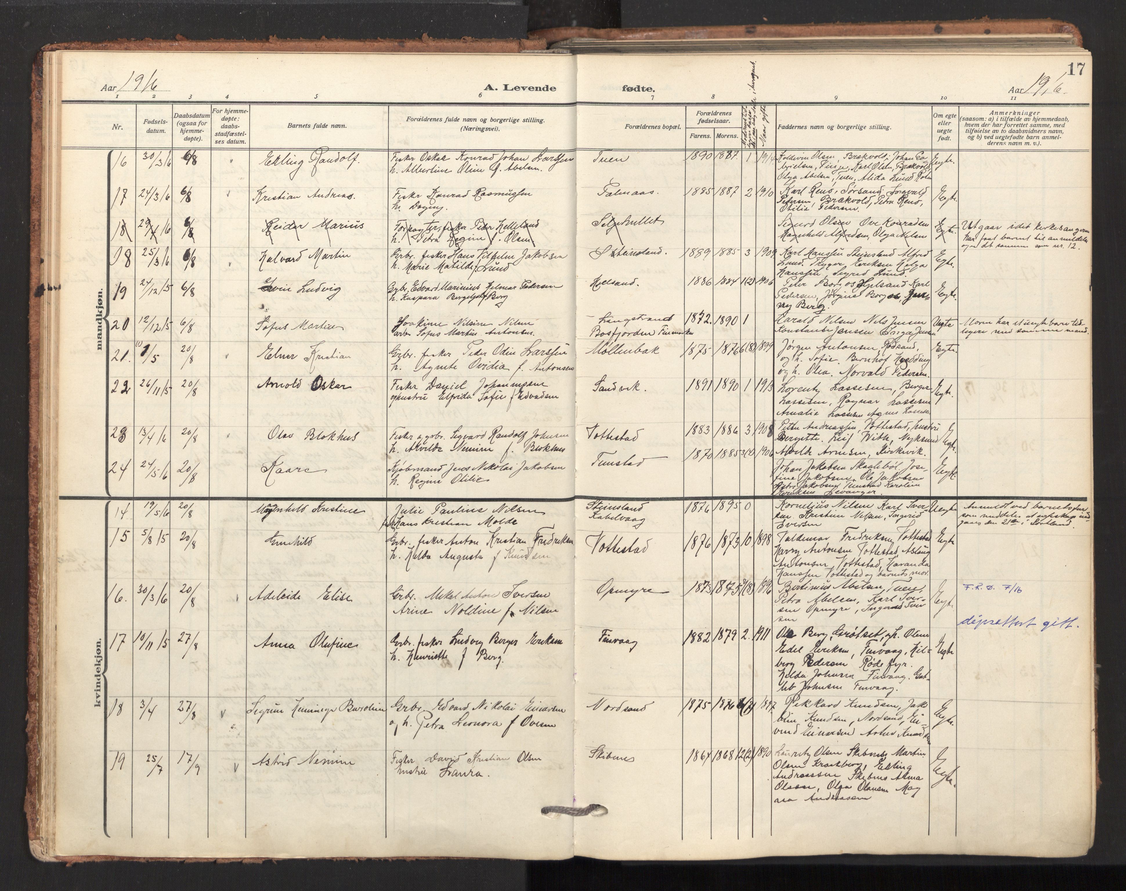 Ministerialprotokoller, klokkerbøker og fødselsregistre - Nordland, AV/SAT-A-1459/893/L1343: Parish register (official) no. 893A15, 1914-1928, p. 17