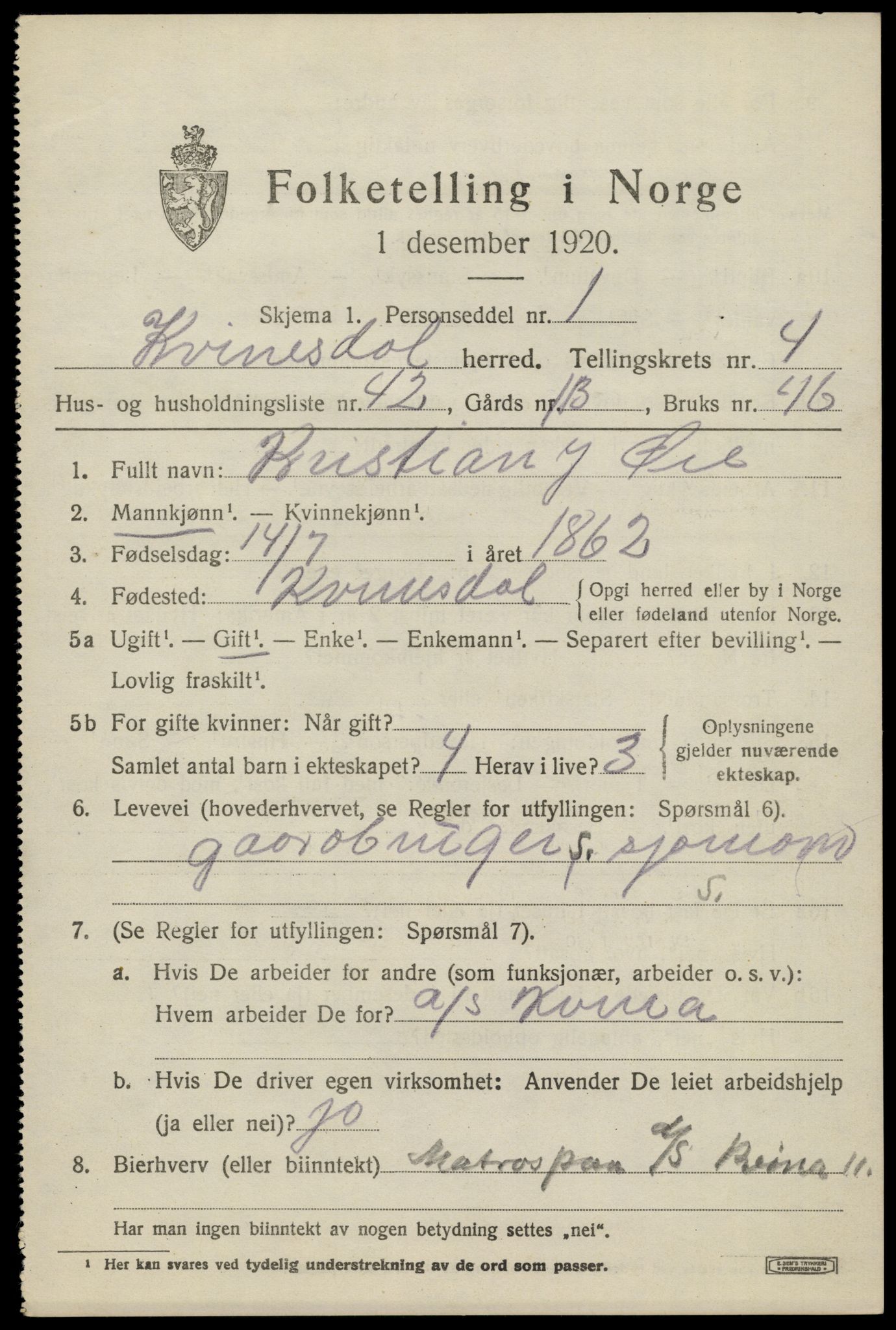 SAK, 1920 census for Kvinesdal, 1920, p. 4877