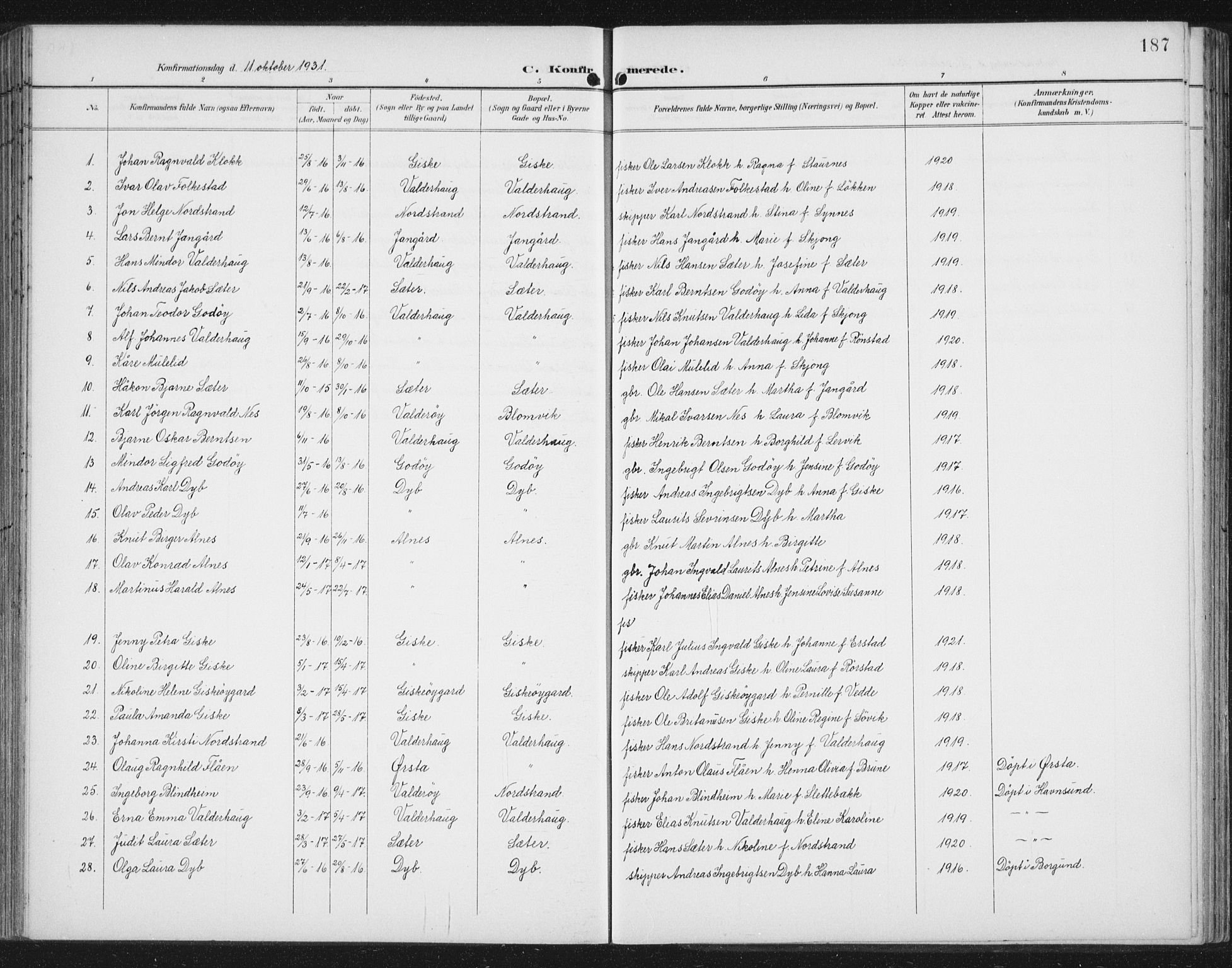 Ministerialprotokoller, klokkerbøker og fødselsregistre - Møre og Romsdal, AV/SAT-A-1454/534/L0489: Parish register (copy) no. 534C01, 1899-1941, p. 187