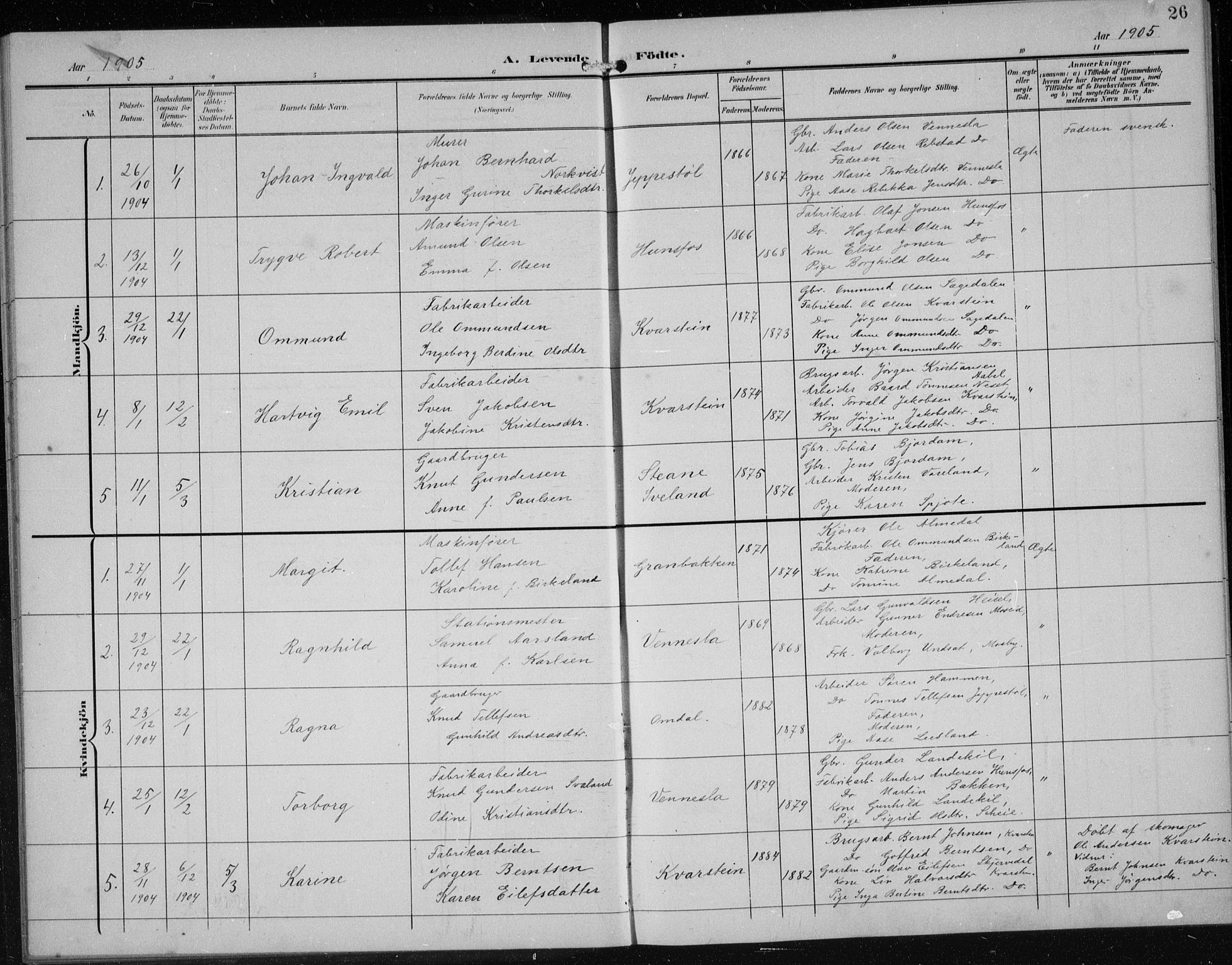 Vennesla sokneprestkontor, SAK/1111-0045/Fb/Fbb/L0005: Parish register (copy) no. B 5, 1903-1913, p. 26