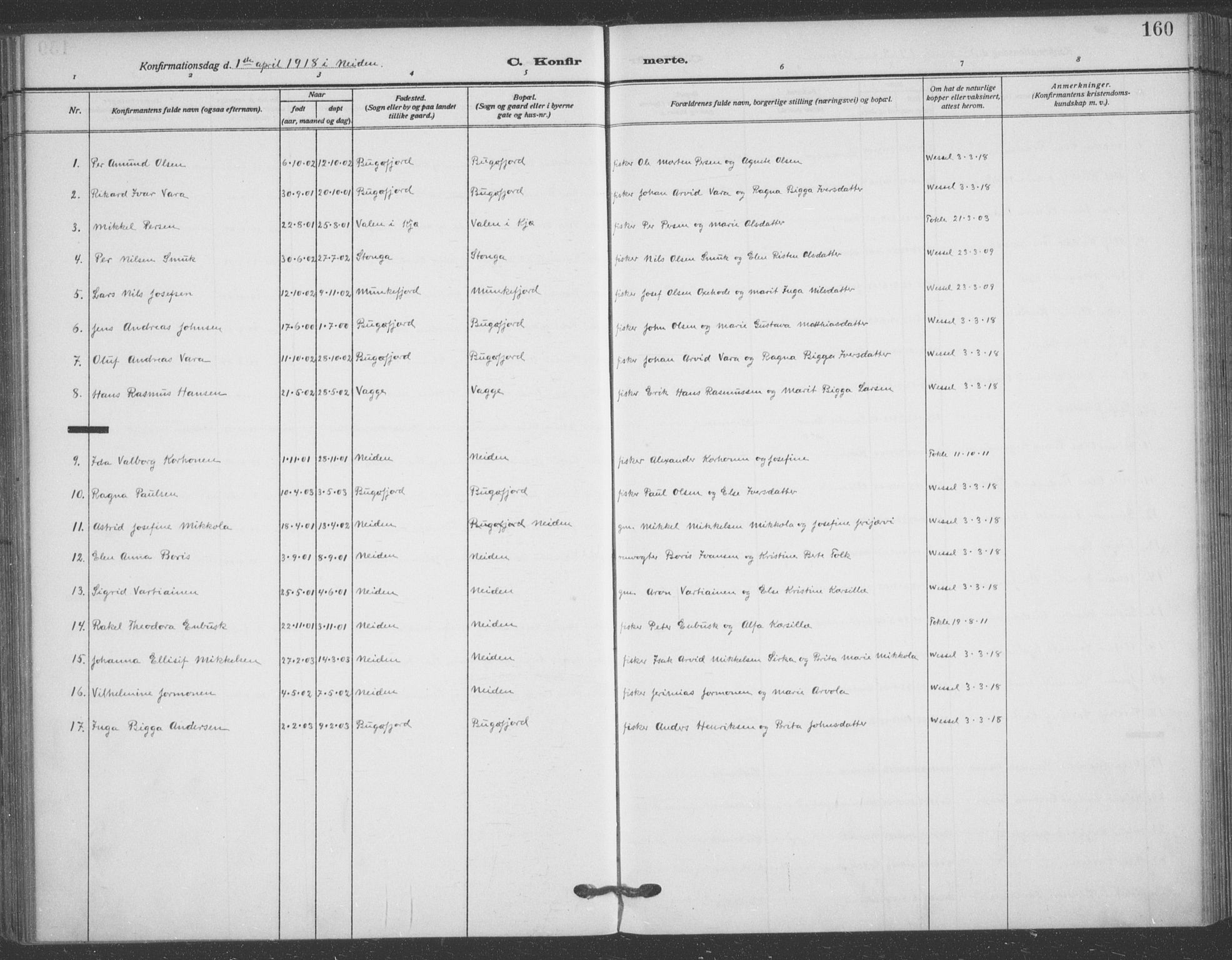 Sør-Varanger sokneprestkontor, AV/SATØ-S-1331/H/Ha/L0005kirke: Parish register (official) no. 5, 1909-1919, p. 160