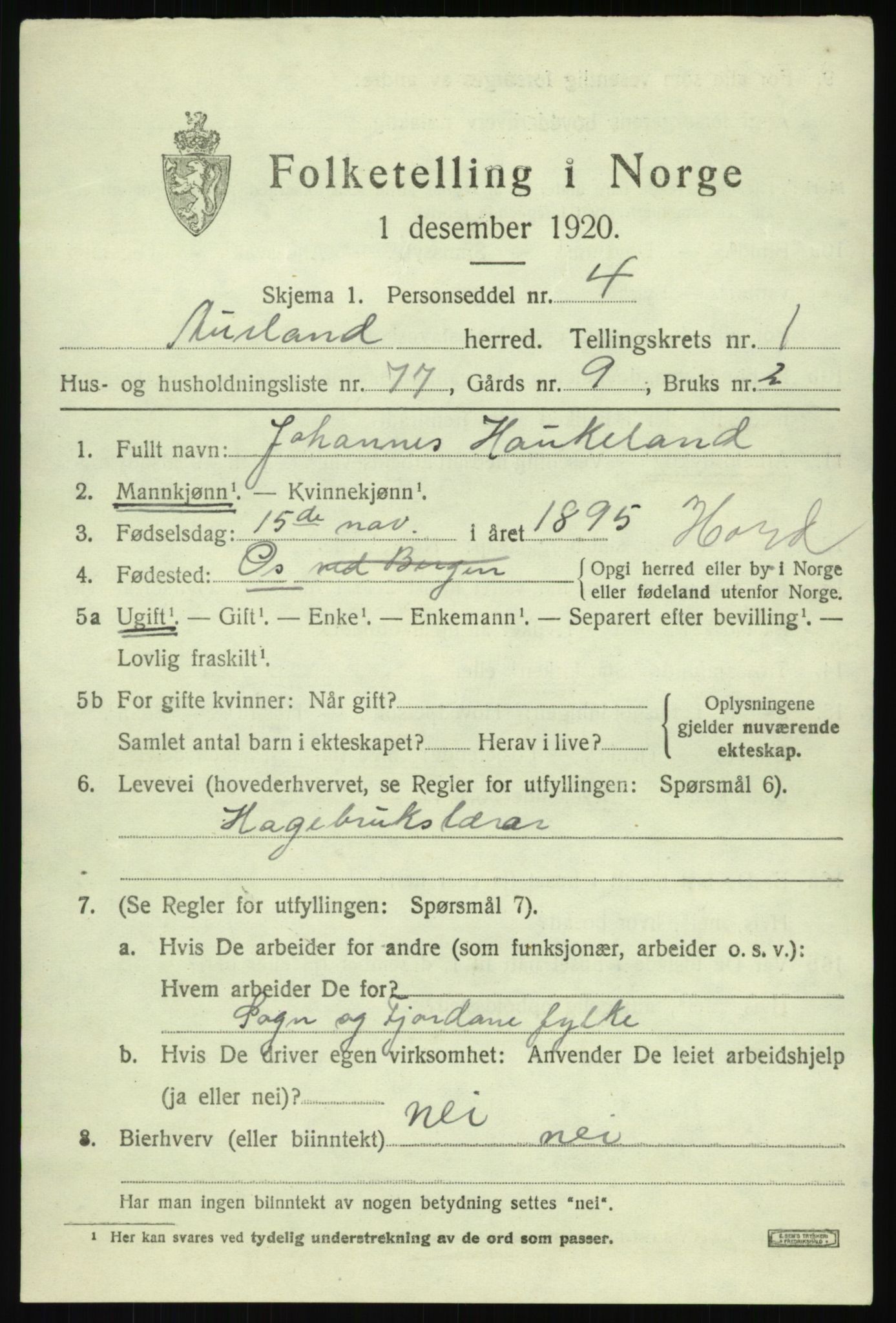 SAB, 1920 census for Aurland, 1920, p. 1820