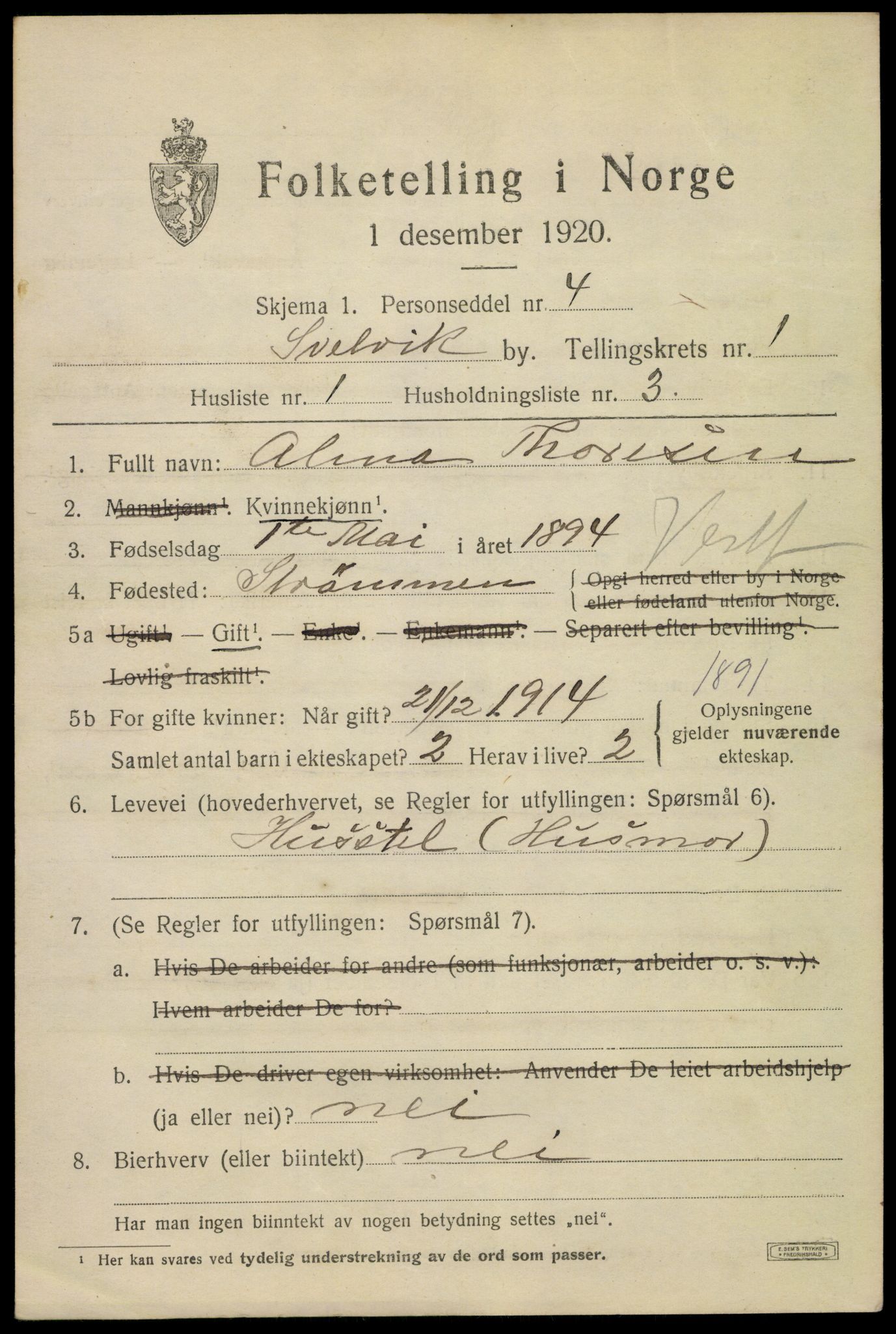 SAKO, 1920 census for Svelvik, 1920, p. 1185