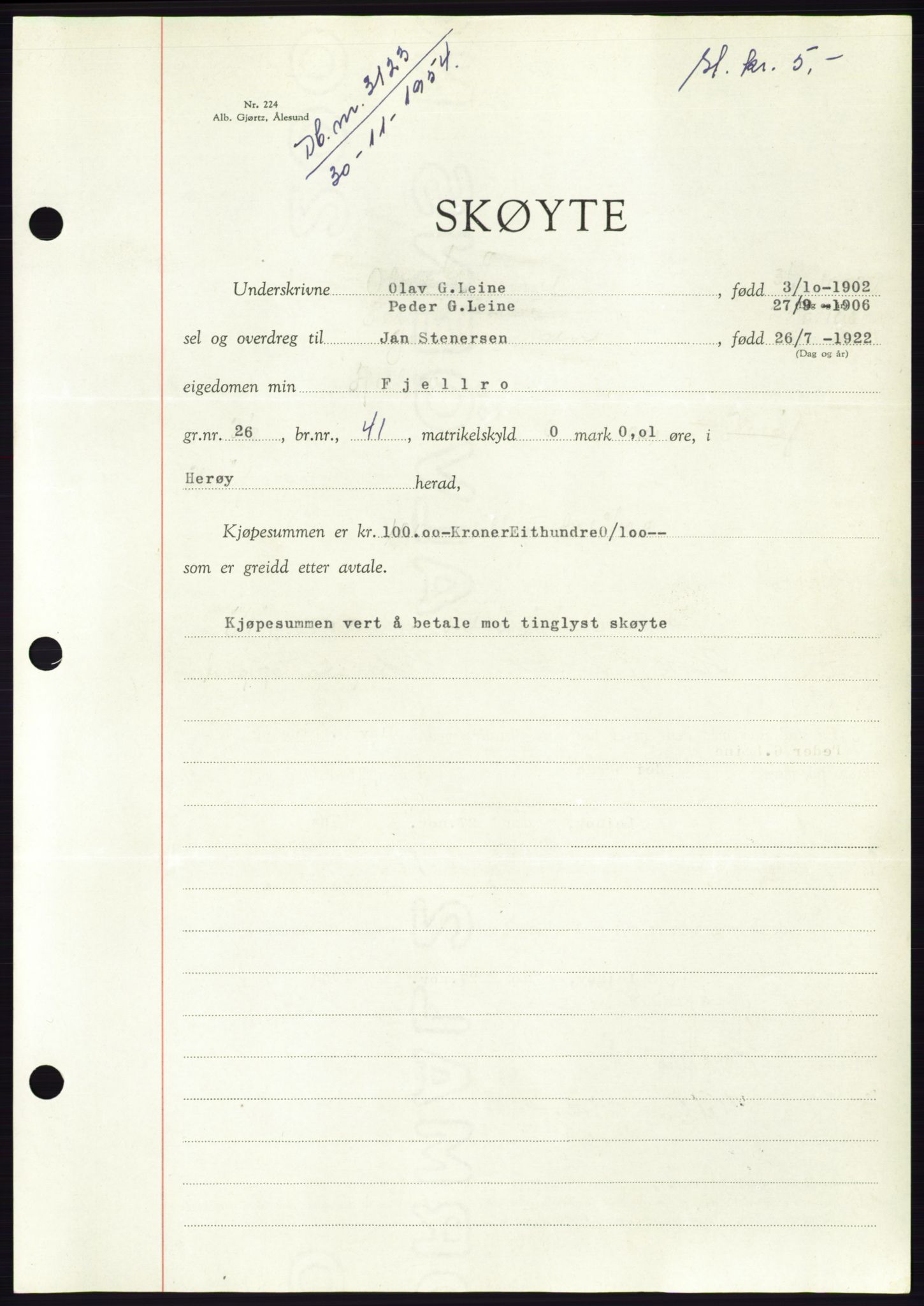 Søre Sunnmøre sorenskriveri, AV/SAT-A-4122/1/2/2C/L0099: Mortgage book no. 25A, 1954-1954, Diary no: : 3123/1954