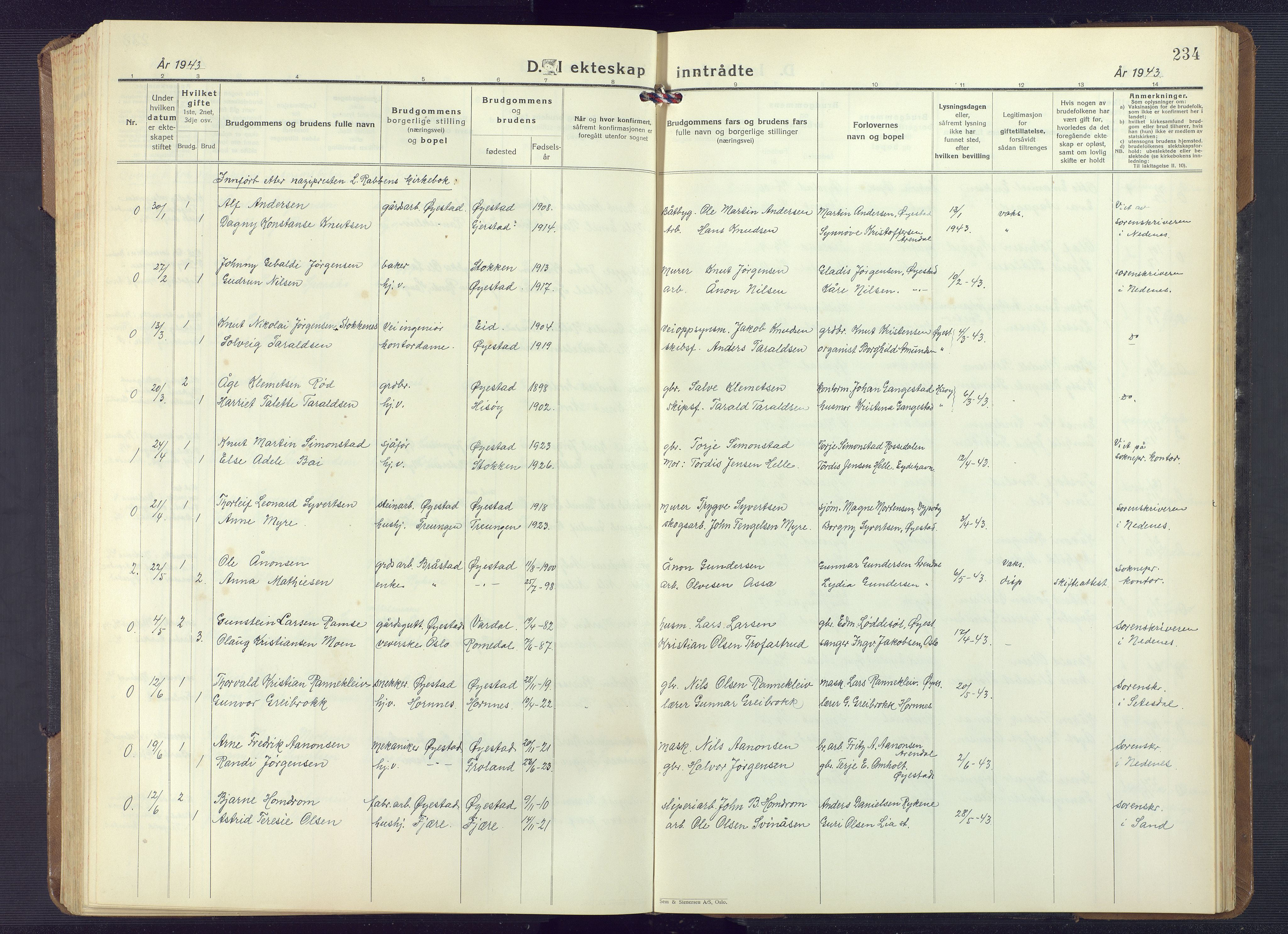 Øyestad sokneprestkontor, AV/SAK-1111-0049/F/Fb/L0013: Parish register (copy) no. B 13, 1933-1945, p. 234