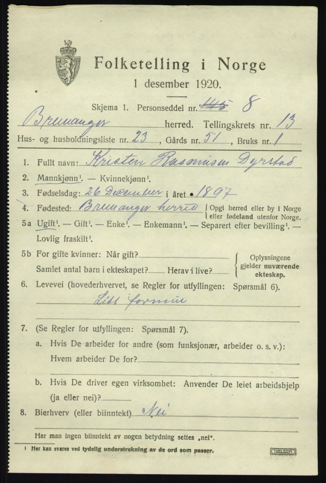 SAB, 1920 census for Bremanger, 1920, p. 7044