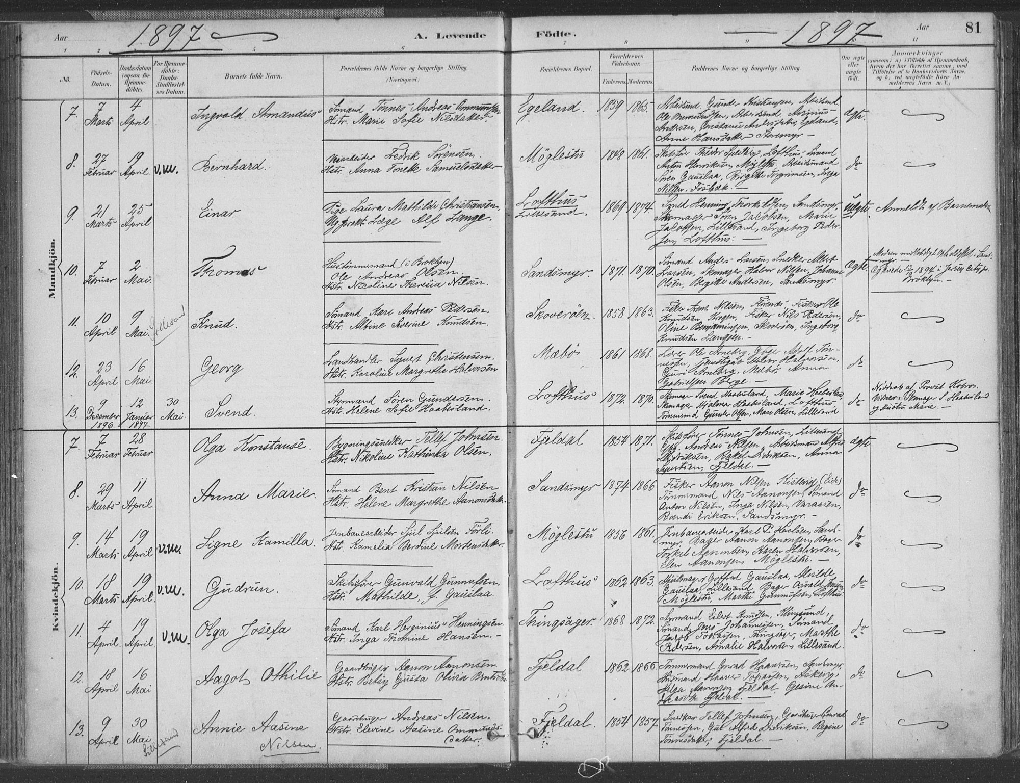 Vestre Moland sokneprestkontor, AV/SAK-1111-0046/F/Fa/Fab/L0009: Parish register (official) no. A 9, 1884-1899, p. 81