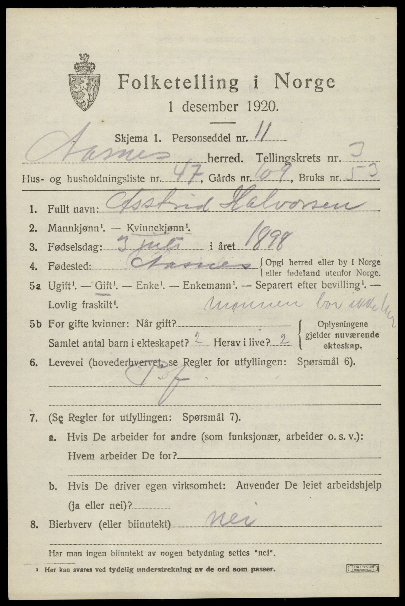 SAH, 1920 census for Åsnes, 1920, p. 4348