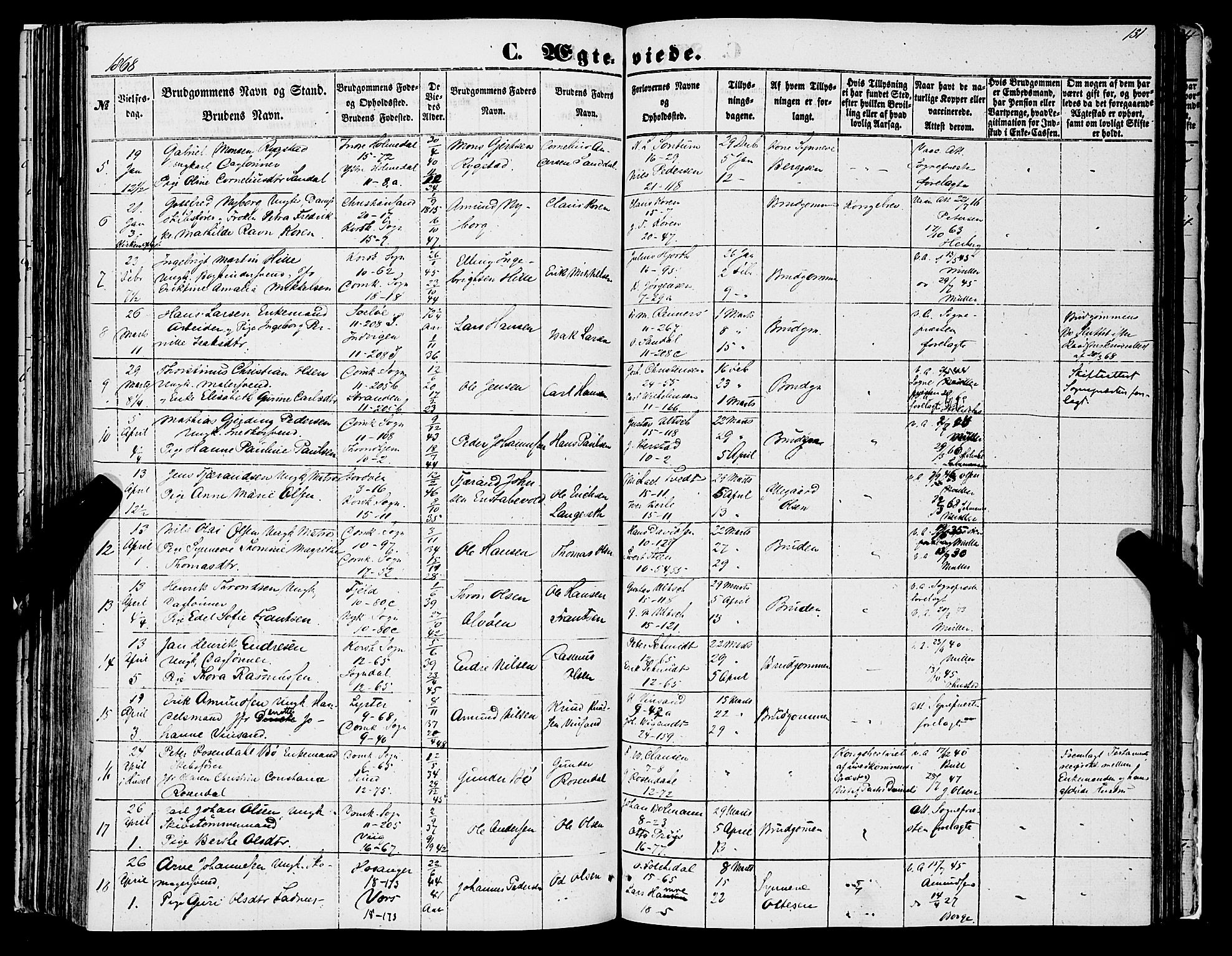 Domkirken sokneprestembete, AV/SAB-A-74801/H/Haa/L0034: Parish register (official) no. D 2, 1853-1874, p. 131