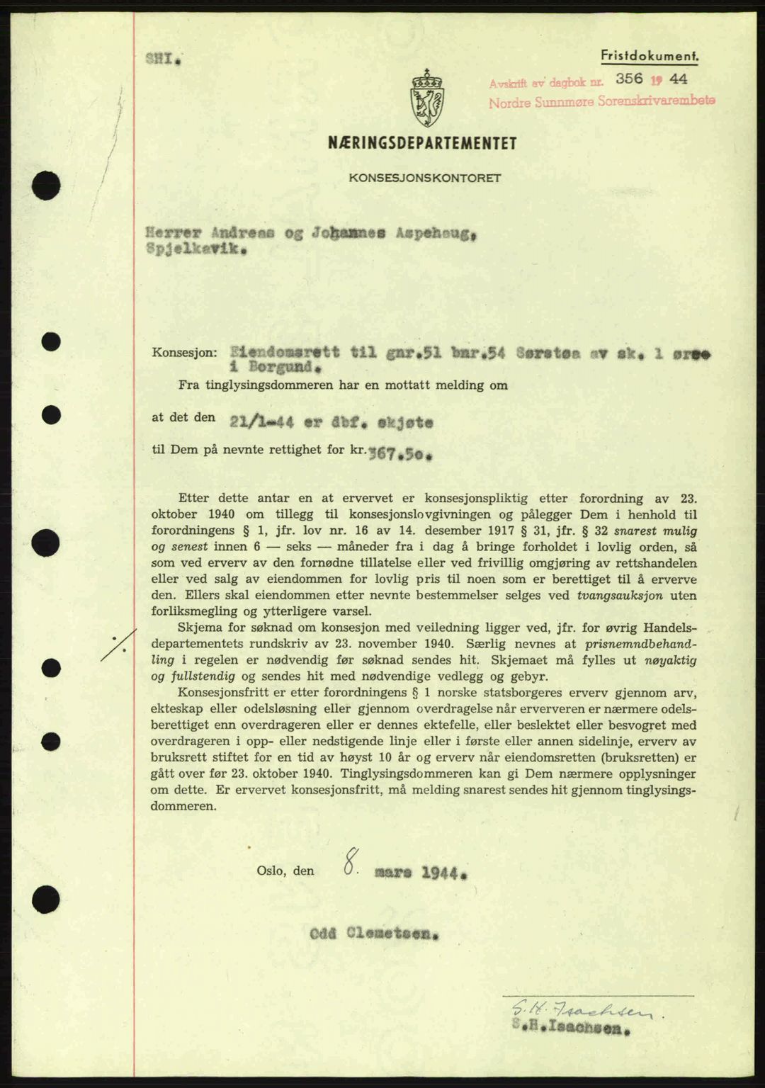 Nordre Sunnmøre sorenskriveri, SAT/A-0006/1/2/2C/2Ca: Mortgage book no. B6-14 a, 1942-1945, Diary no: : 356/1944