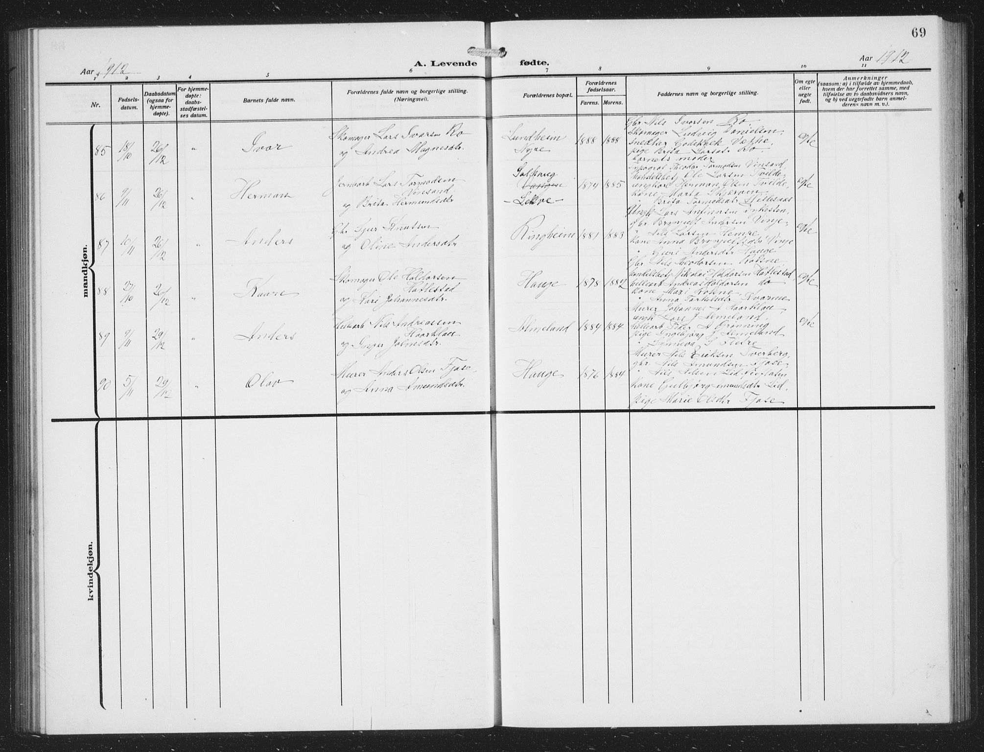 Voss sokneprestembete, AV/SAB-A-79001/H/Hab: Parish register (copy) no. C 3, 1909-1920, p. 69