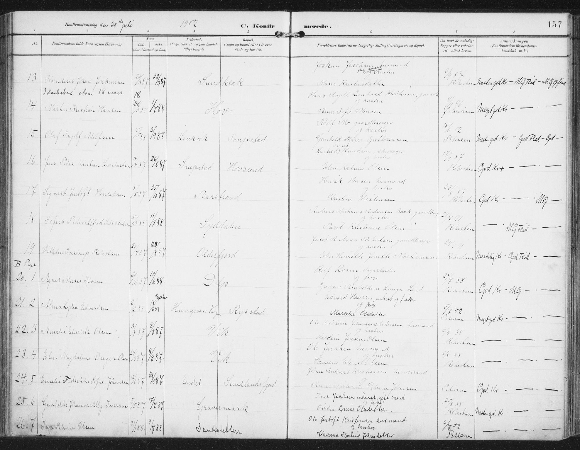 Ministerialprotokoller, klokkerbøker og fødselsregistre - Nordland, AV/SAT-A-1459/876/L1098: Parish register (official) no. 876A04, 1896-1915, p. 157