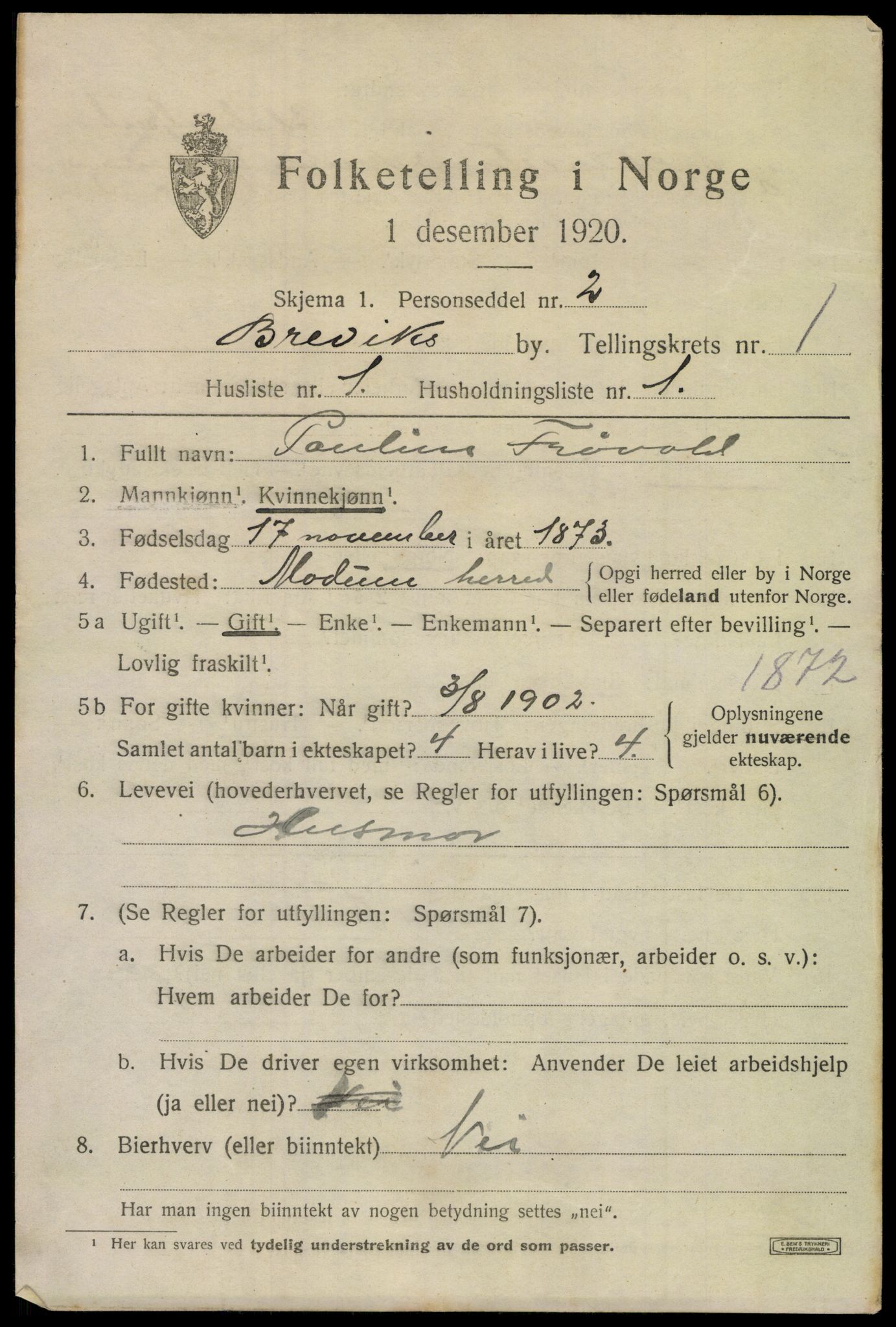 SAKO, 1920 census for Brevik, 1920, p. 2142