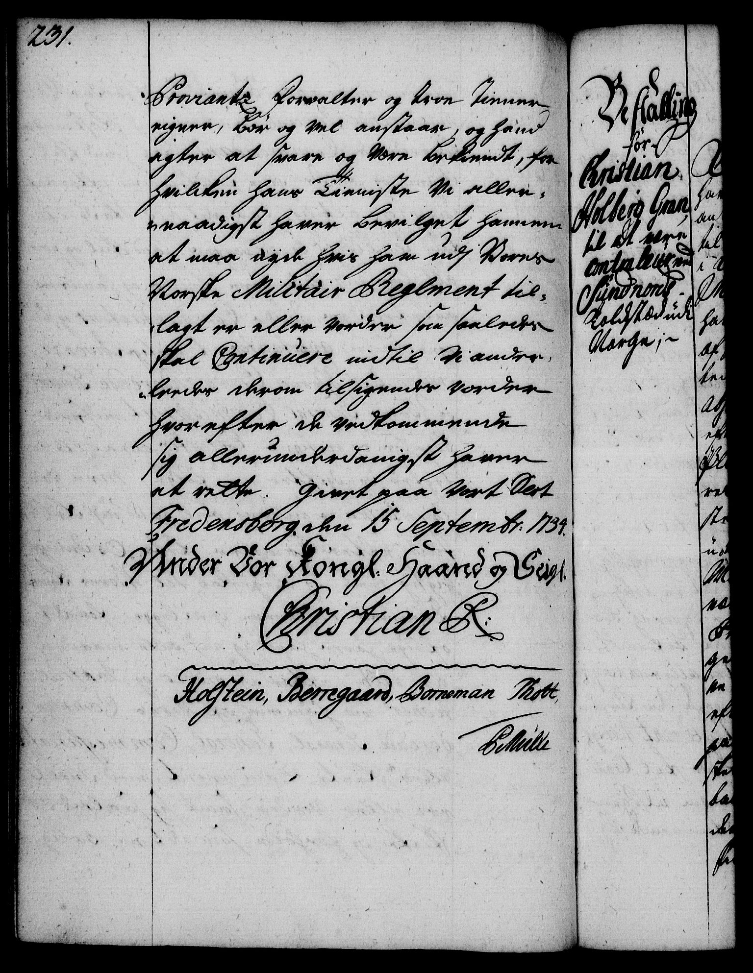 Rentekammeret, Kammerkanselliet, RA/EA-3111/G/Gg/Gge/L0002: Norsk bestallingsprotokoll med register (merket RK 53.26), 1730-1744, p. 231