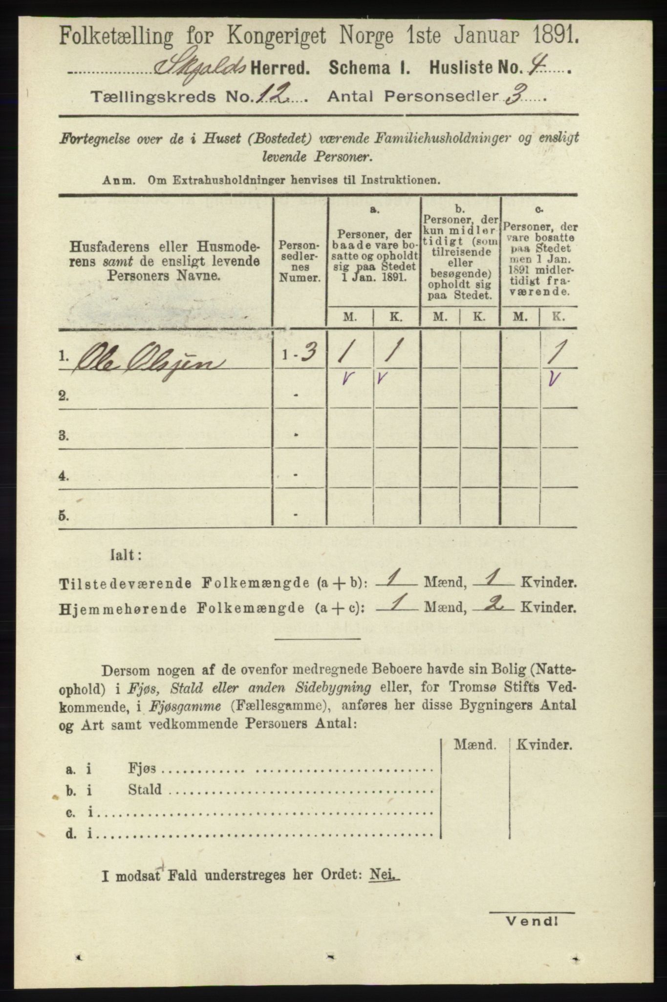 RA, 1891 census for 1154 Skjold, 1891, p. 2232