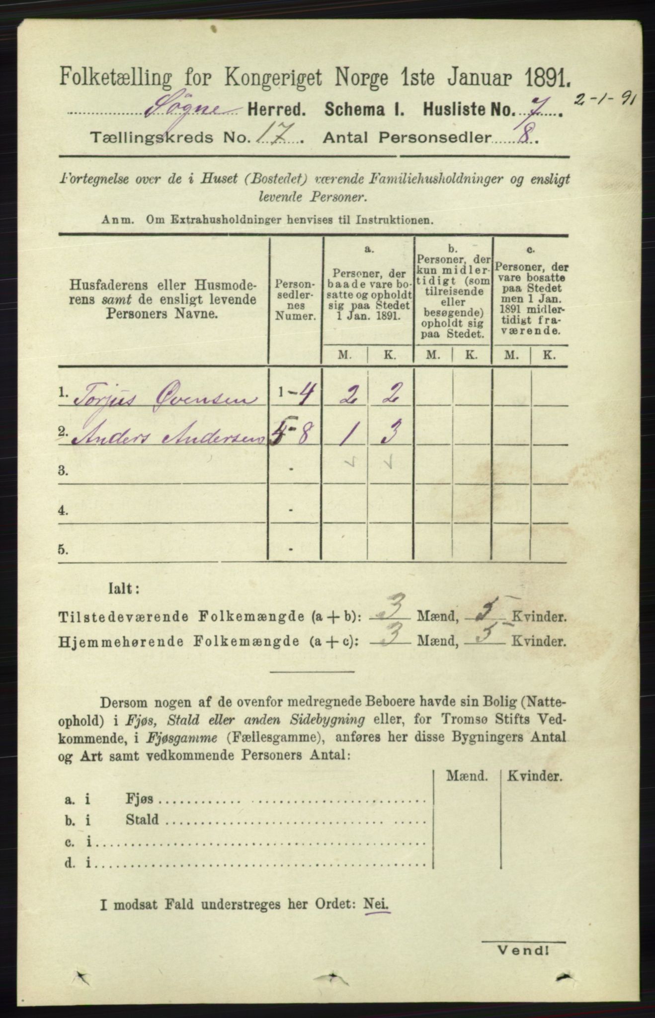 RA, 1891 census for 1018 Søgne, 1891, p. 4473