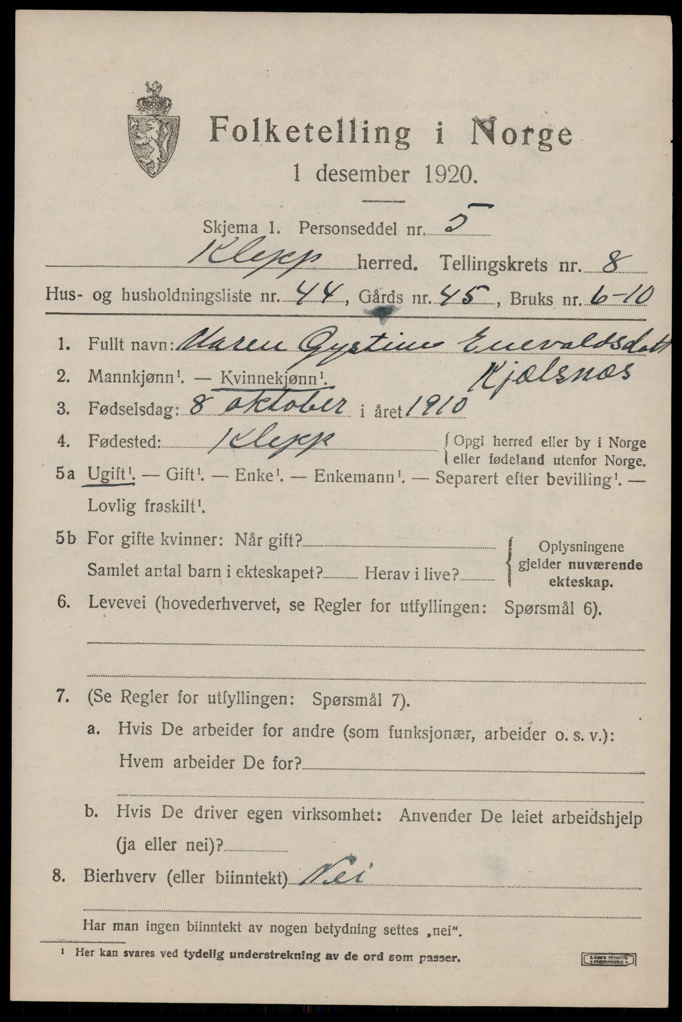 SAST, 1920 census for Klepp, 1920, p. 7542