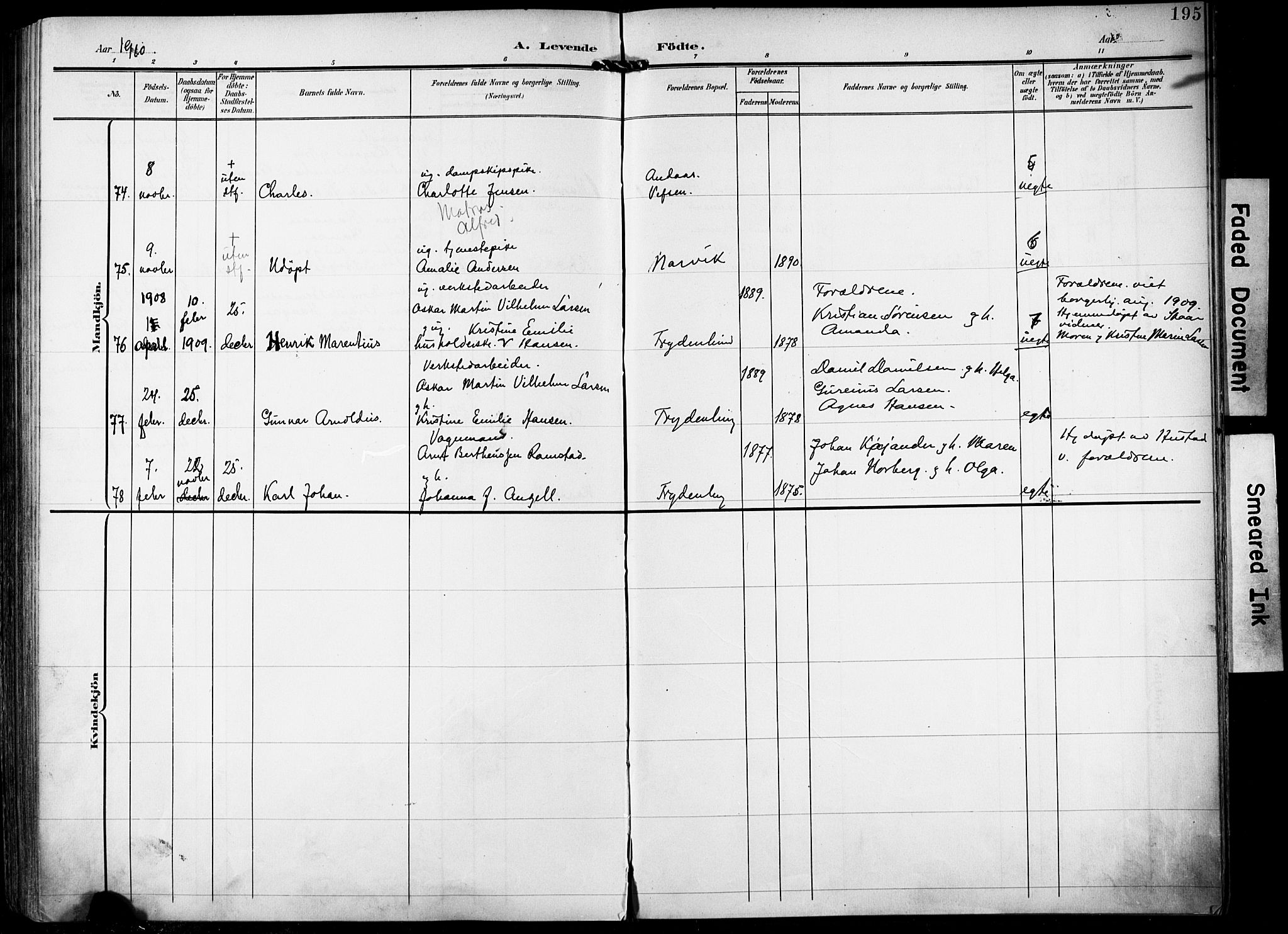 Ministerialprotokoller, klokkerbøker og fødselsregistre - Nordland, AV/SAT-A-1459/871/L0994: Parish register (official) no. 871A10, 1902-1910, p. 195