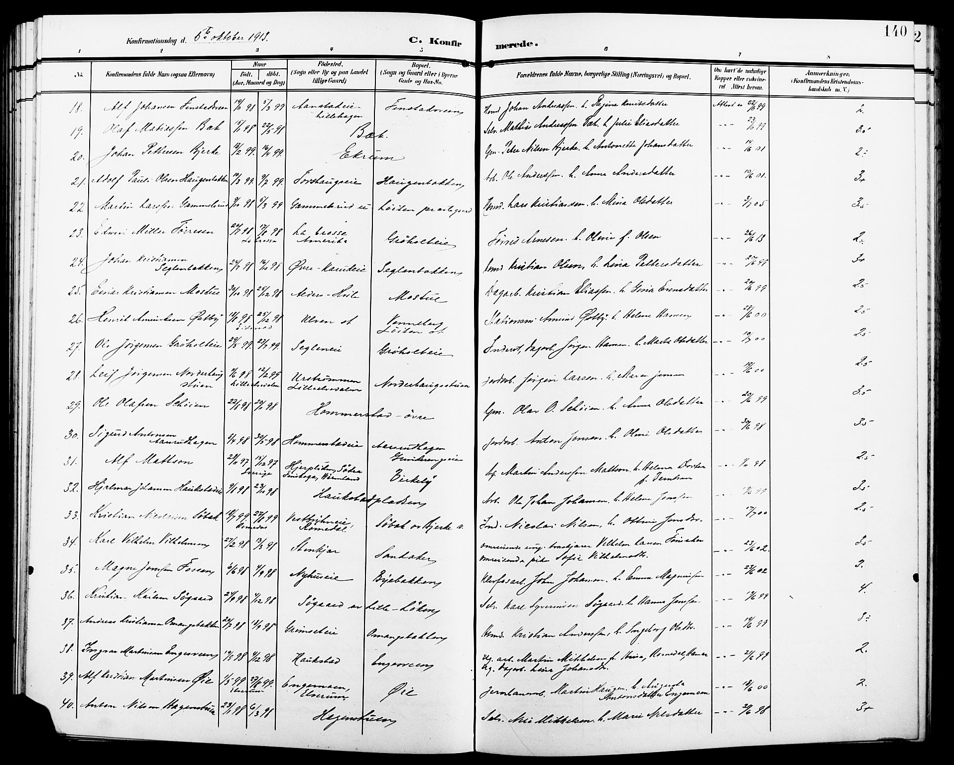 Løten prestekontor, SAH/PREST-022/L/La/L0007: Parish register (copy) no. 7, 1910-1919, p. 140