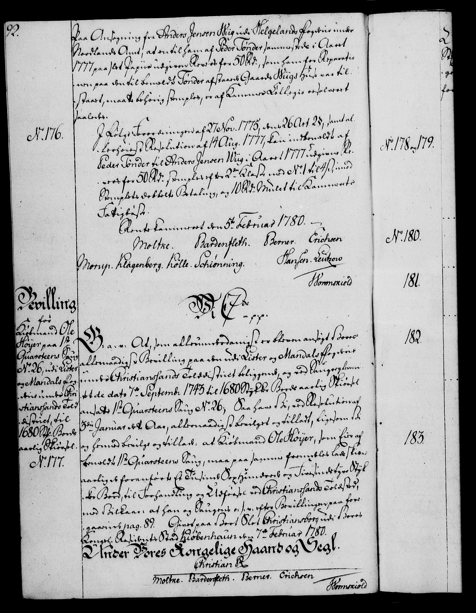 Rentekammeret, Kammerkanselliet, RA/EA-3111/G/Gg/Gga/L0011: Norsk ekspedisjonsprotokoll med register (merket RK 53.11), 1779-1781, p. 92