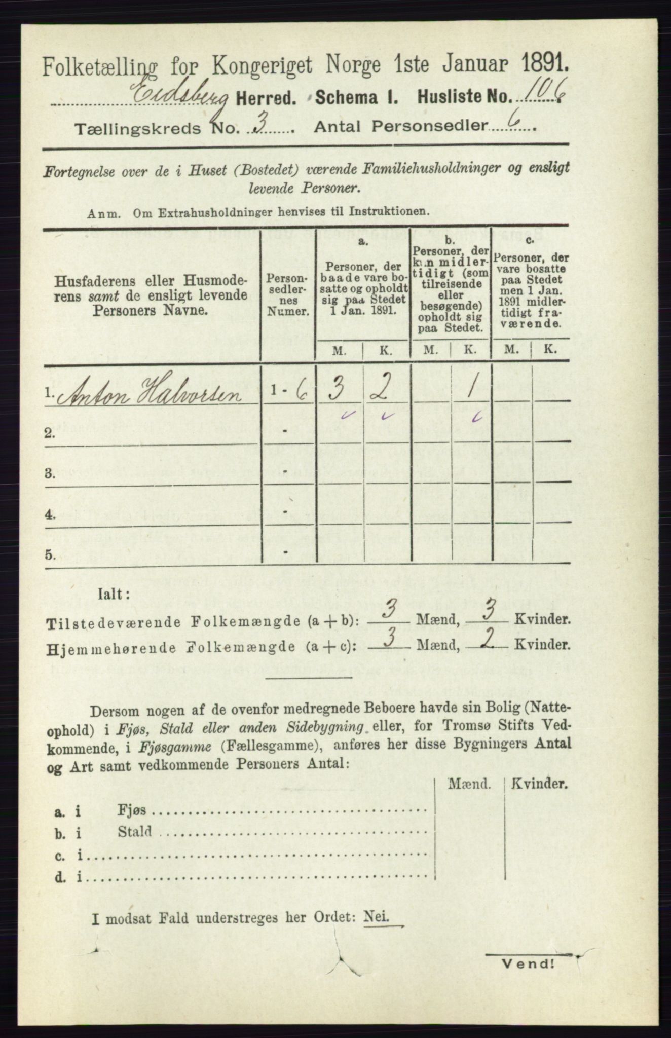 RA, 1891 census for 0125 Eidsberg, 1891, p. 1442